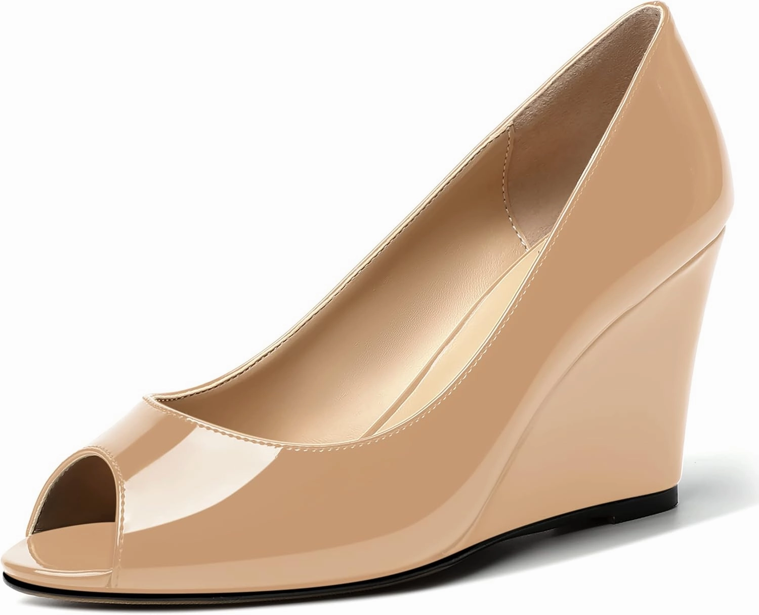 MOVINSTEPS Womens Slip On Work Patent Peep Toe Fashion Wedge High Heel Pumps Shoes 3.3 Inch