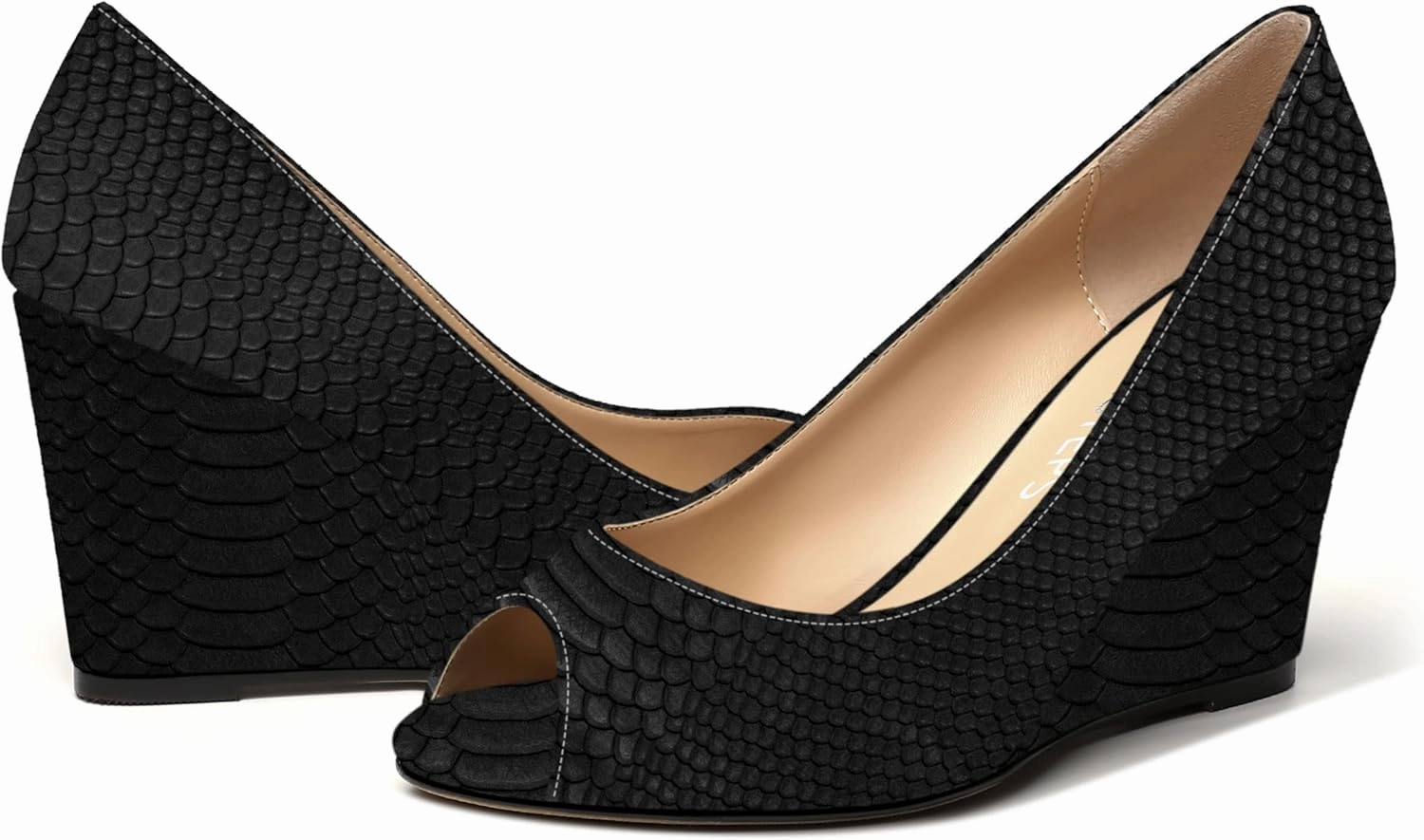 MOVINSTEPS Womens Slip On Work Patent Peep Toe Fashion Wedge High Heel Pumps Shoes 3.3 Inch
