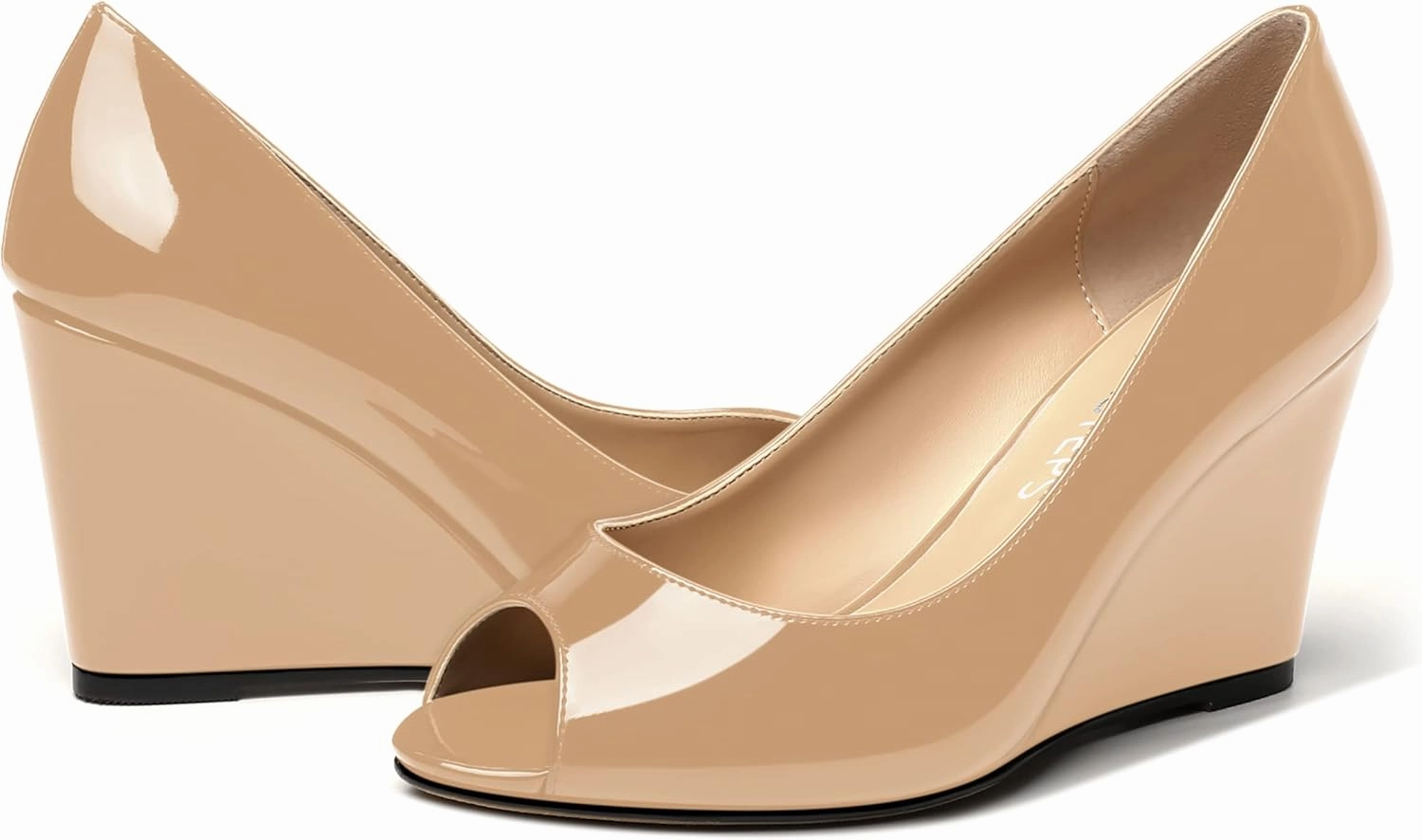 MOVINSTEPS Womens Slip On Work Patent Peep Toe Fashion Wedge High Heel Pumps Shoes 3.3 Inch