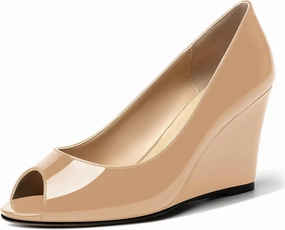 MOVINSTEPS Womens Slip On Work Patent Peep Toe Fashion Wedge High Heel Pumps Shoes 3.3 Inch