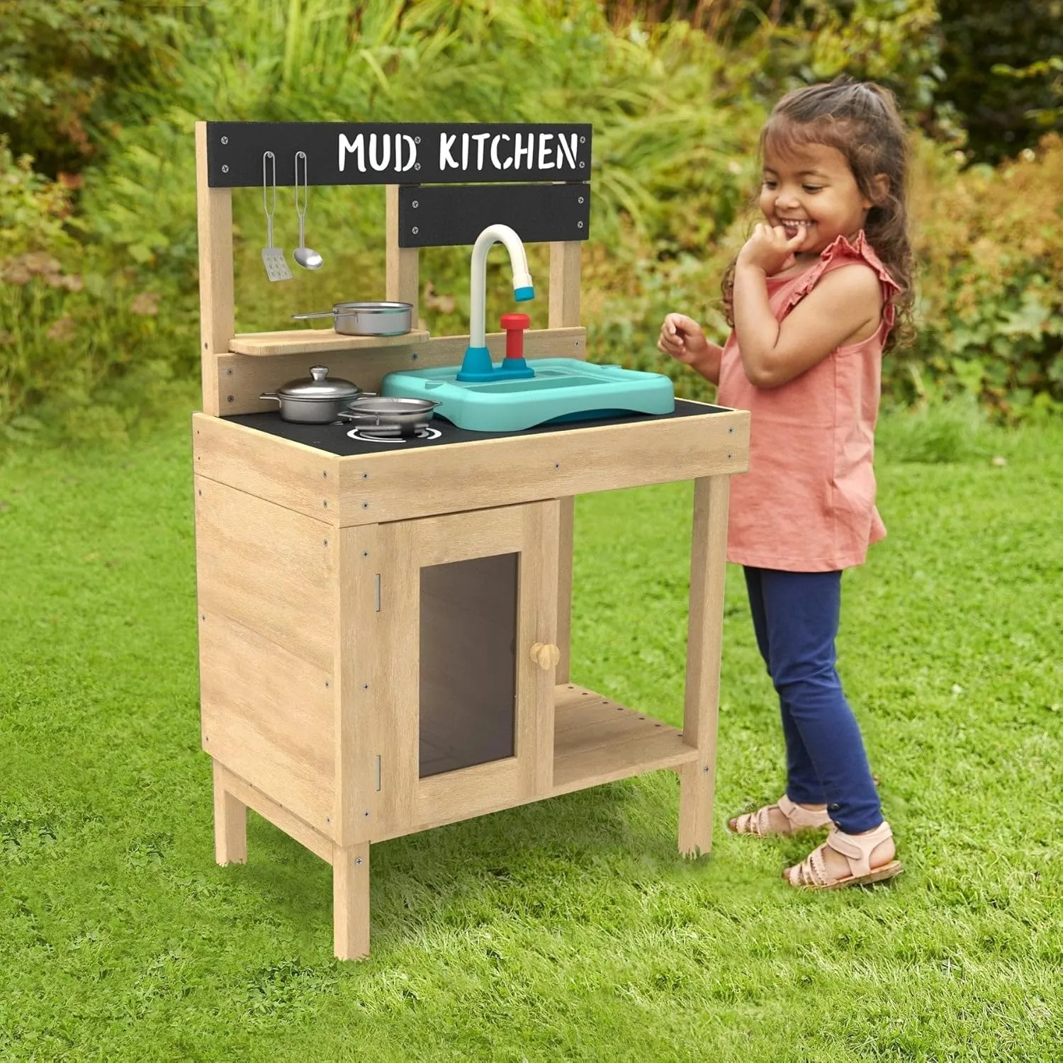 Mud Play Kitchen For Kids - Indoor, Outdoor Toddler Toys Wooden Kitchen Playset w/ Accessories, Sink with Faucet, Durable, Weatherproof, Chalkboard, Wood Burner Stencils, Easy Assembly, Age 3 