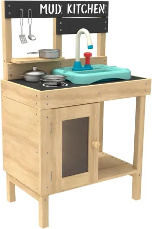 Mud Play Kitchen For Kids - Indoor, Outdoor Toddler Toys Wooden Kitchen Playset w/ Accessories, Sink with Faucet, Durable, Weatherproof, Chalkboard, Wood Burner Stencils, Easy Assembly, Age 3 