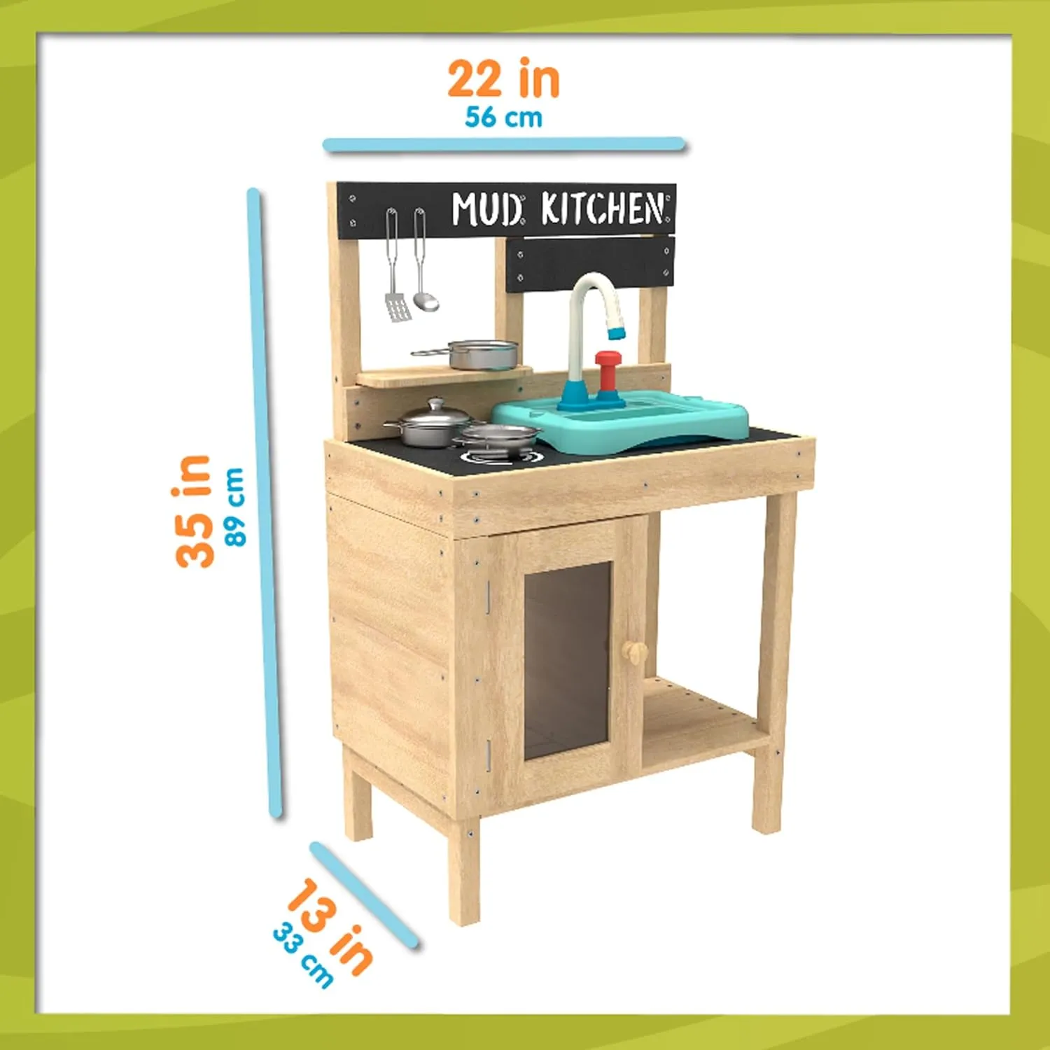 Mud Play Kitchen For Kids - Indoor, Outdoor Toddler Toys Wooden Kitchen Playset w/ Accessories, Sink with Faucet, Durable, Weatherproof, Chalkboard, Wood Burner Stencils, Easy Assembly, Age 3 