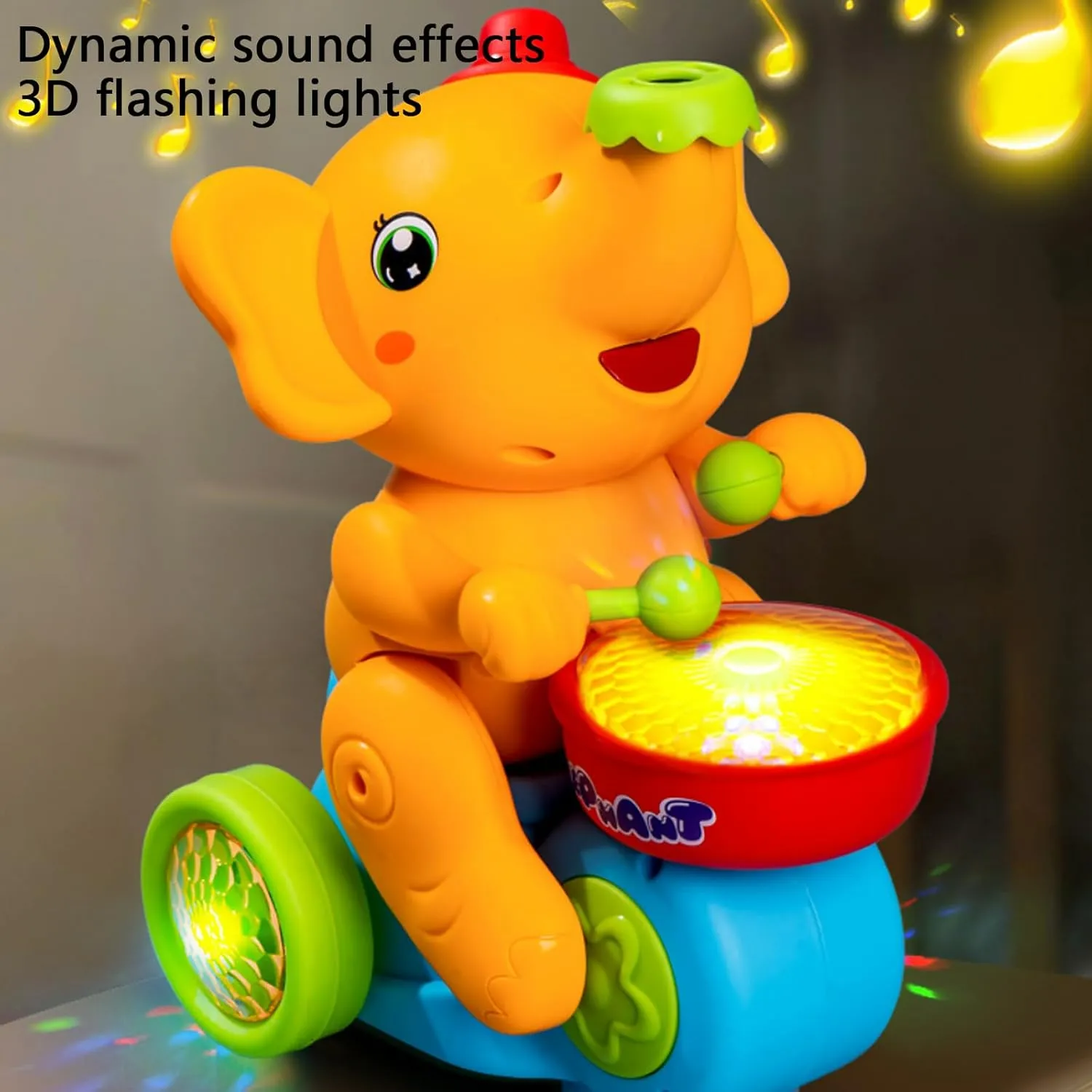 Musical Walking Elephant Drummer Toy, Drumming Elephant Toy, Elephant Blowing Ball Walking Car Toys with Music Light (Blue)