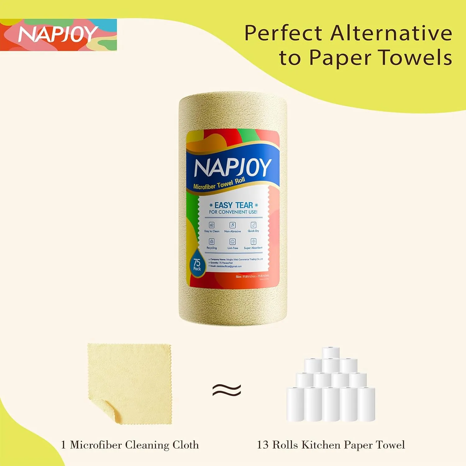 Napjoy Microfiber Cleaning Cloth Roll, 75PK Easy Tear Away Reusable Paper Towels, 11.8" x 11.8", Ultra Soft Micro Fiber Dish Cloths for Kitchen, Housekeeping, Window, Car, Garden, Bathroom, Yellow