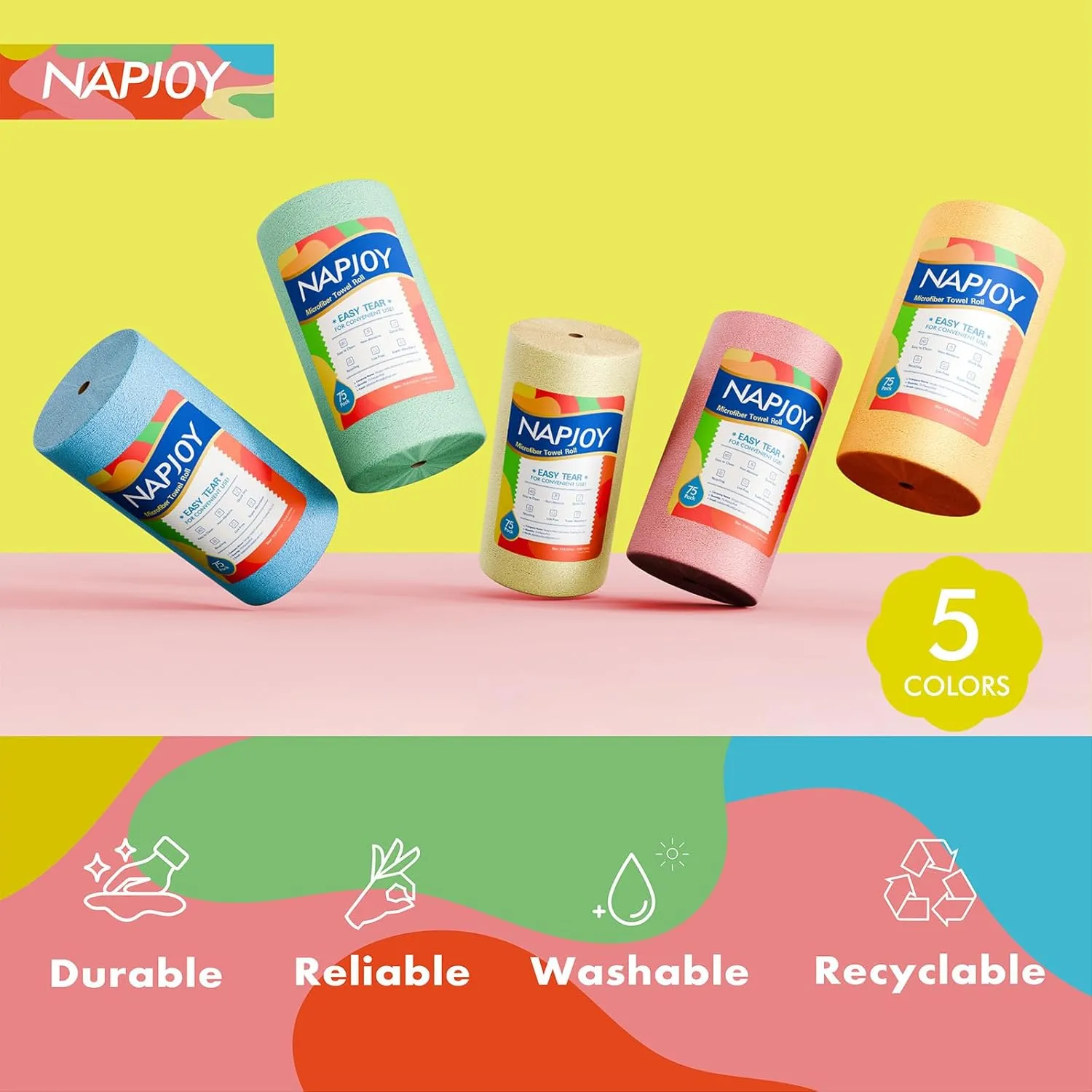 Napjoy Microfiber Cleaning Cloth Roll, 75PK Easy Tear Away Reusable Paper Towels, 11.8" x 11.8", Ultra Soft Micro Fiber Dish Cloths for Kitchen, Housekeeping, Window, Car, Garden, Bathroom, Yellow