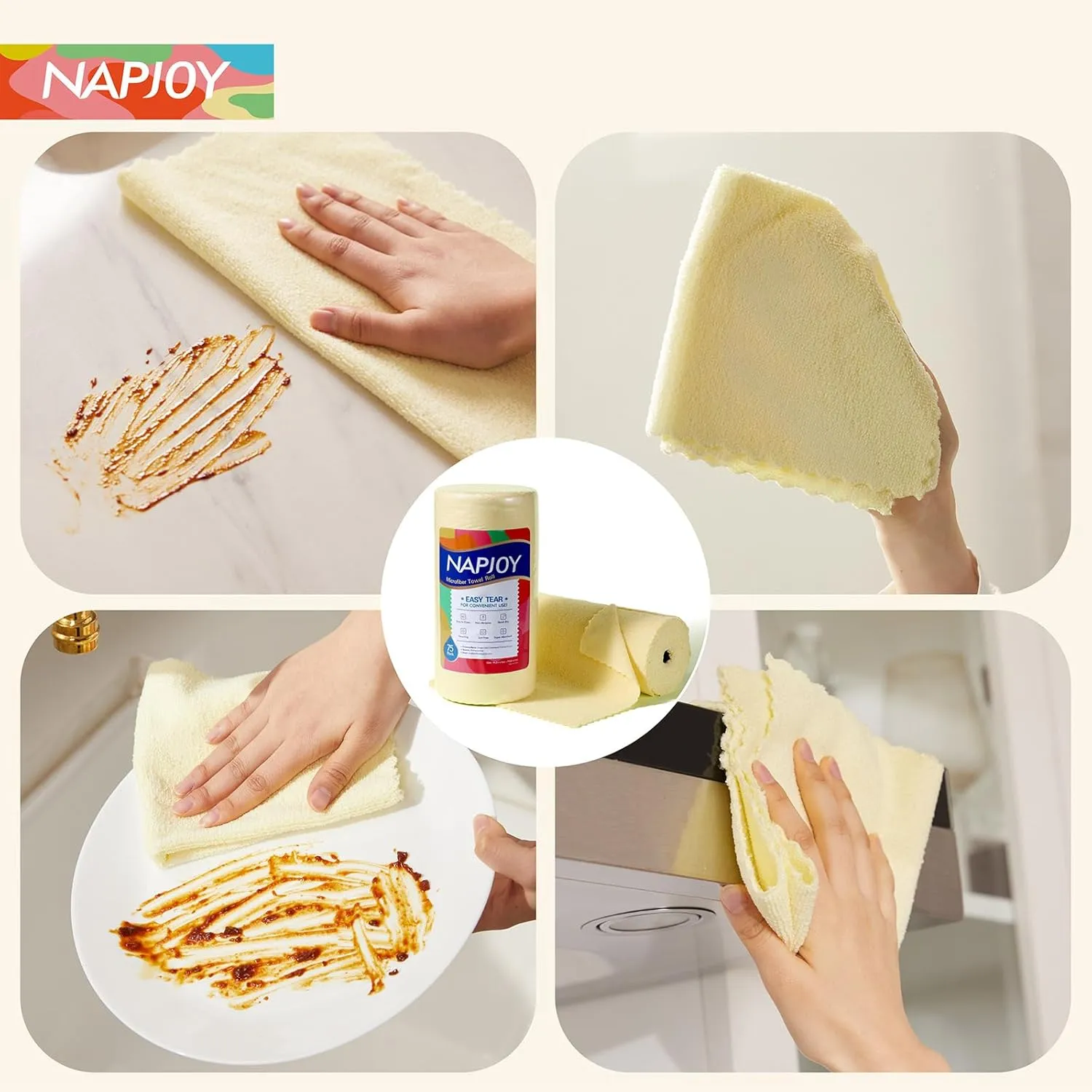 Napjoy Microfiber Cleaning Cloth Roll, 75PK Easy Tear Away Reusable Paper Towels, 11.8" x 11.8", Ultra Soft Micro Fiber Dish Cloths for Kitchen, Housekeeping, Window, Car, Garden, Bathroom, Yellow