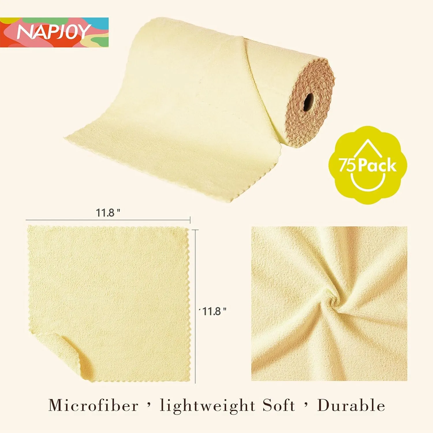 Napjoy Microfiber Cleaning Cloth Roll, 75PK Easy Tear Away Reusable Paper Towels, 11.8" x 11.8", Ultra Soft Micro Fiber Dish Cloths for Kitchen, Housekeeping, Window, Car, Garden, Bathroom, Yellow