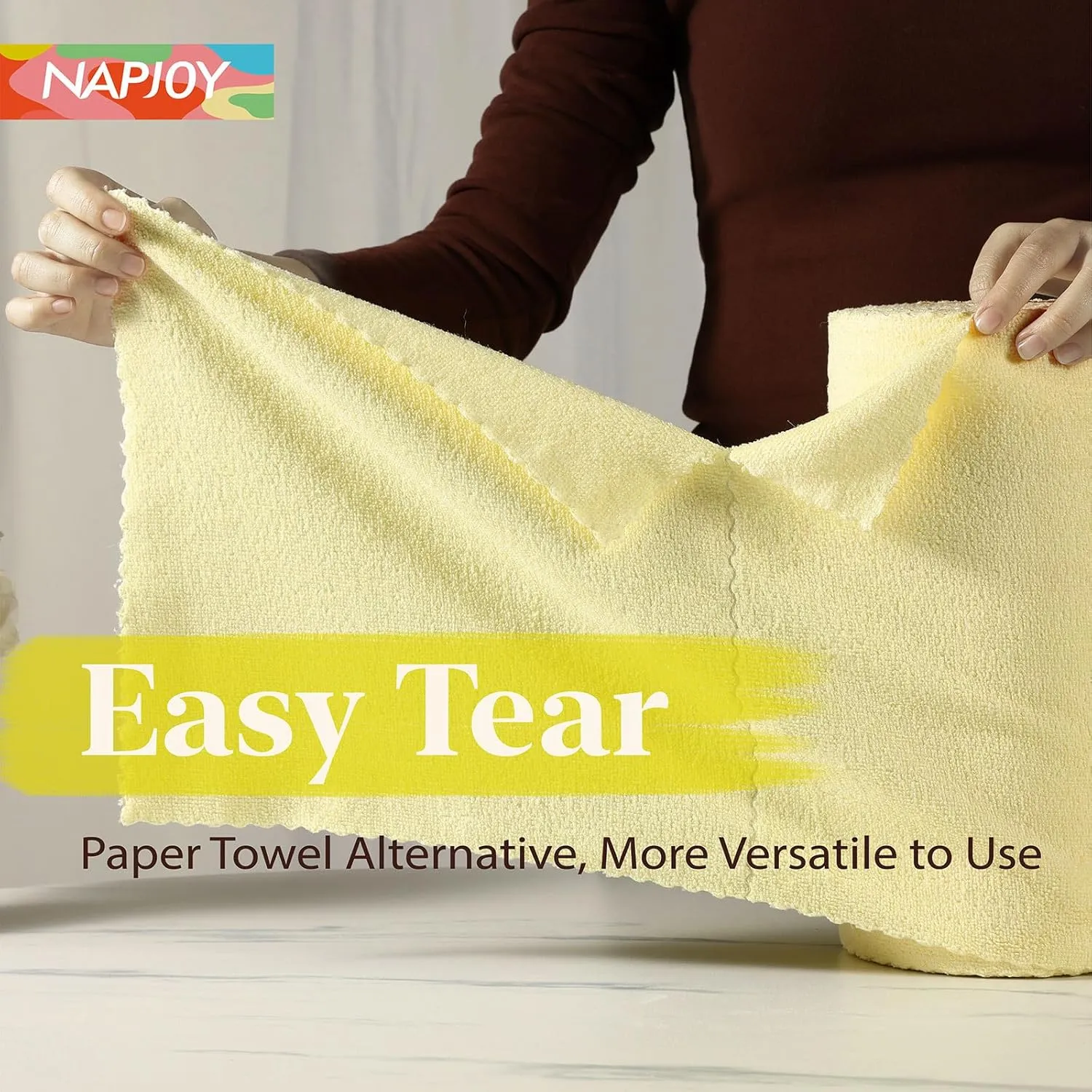 Napjoy Microfiber Cleaning Cloth Roll, 75PK Easy Tear Away Reusable Paper Towels, 11.8" x 11.8", Ultra Soft Micro Fiber Dish Cloths for Kitchen, Housekeeping, Window, Car, Garden, Bathroom, Yellow