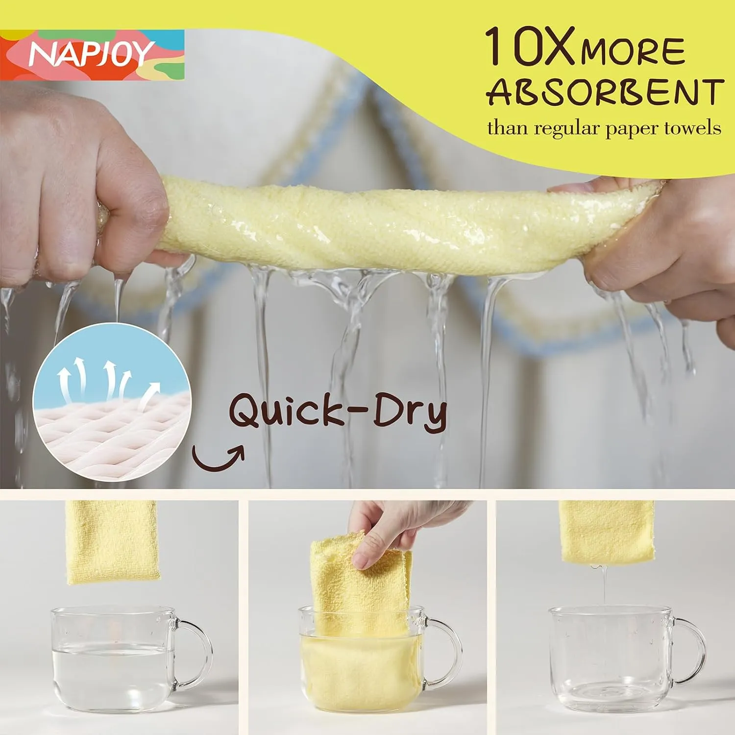Napjoy Microfiber Cleaning Cloth Roll, 75PK Easy Tear Away Reusable Paper Towels, 11.8" x 11.8", Ultra Soft Micro Fiber Dish Cloths for Kitchen, Housekeeping, Window, Car, Garden, Bathroom, Yellow