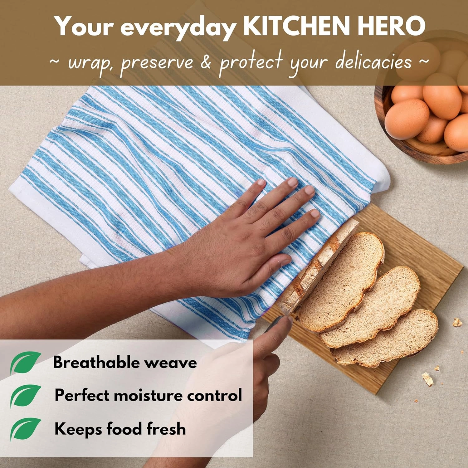 Native Fab Stripe Kitchen Towels - 100% Cotton - 12 Pack - 16"x26" - Striped Tea Towels, Dish Cloths for Drying Dishes, Absorbent, Quick Dry Towel Set with Hanging Loop - Turquiose Blue