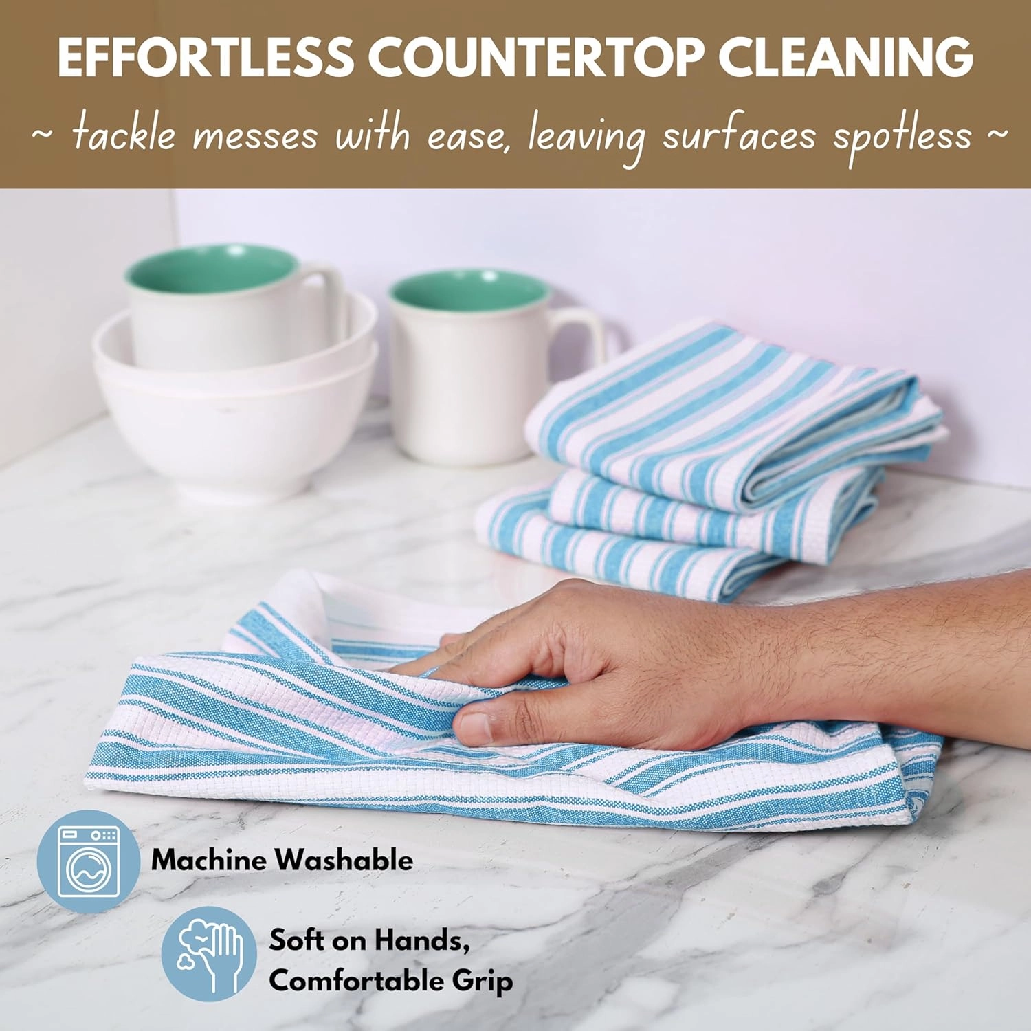 Native Fab Stripe Kitchen Towels - 100% Cotton - 12 Pack - 16"x26" - Striped Tea Towels, Dish Cloths for Drying Dishes, Absorbent, Quick Dry Towel Set with Hanging Loop - Turquiose Blue