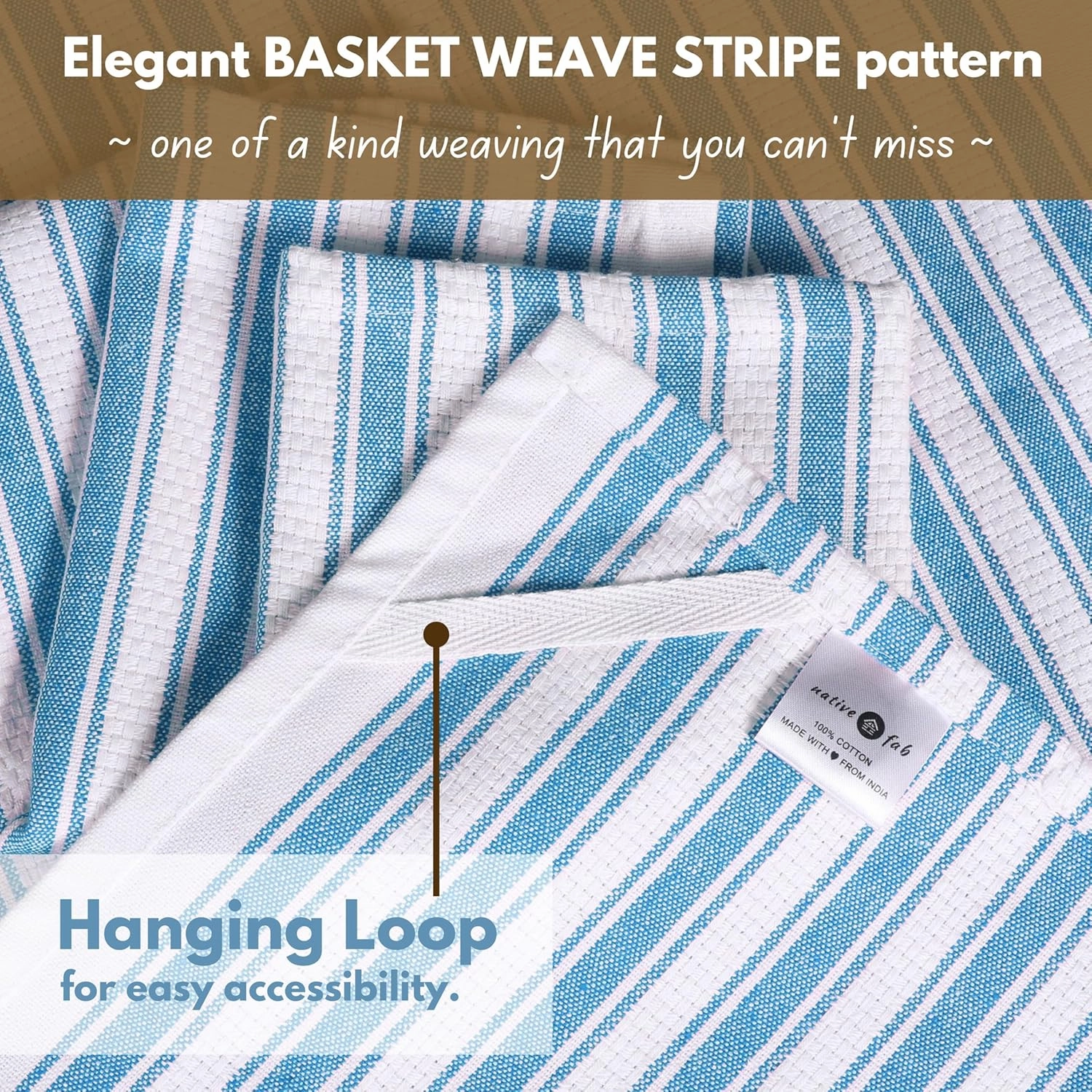 Native Fab Stripe Kitchen Towels - 100% Cotton - 12 Pack - 16"x26" - Striped Tea Towels, Dish Cloths for Drying Dishes, Absorbent, Quick Dry Towel Set with Hanging Loop - Turquiose Blue