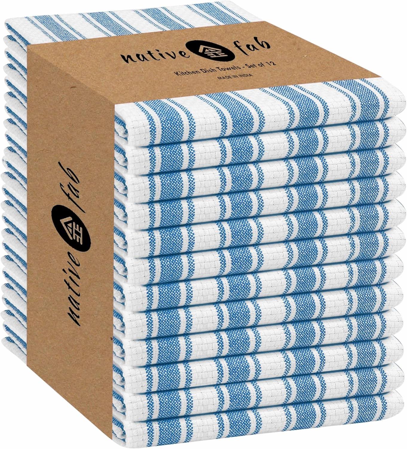 Native Fab Stripe Kitchen Towels - 100% Cotton - 12 Pack - 16"x26" - Striped Tea Towels, Dish Cloths for Drying Dishes, Absorbent, Quick Dry Towel Set with Hanging Loop - Turquiose Blue