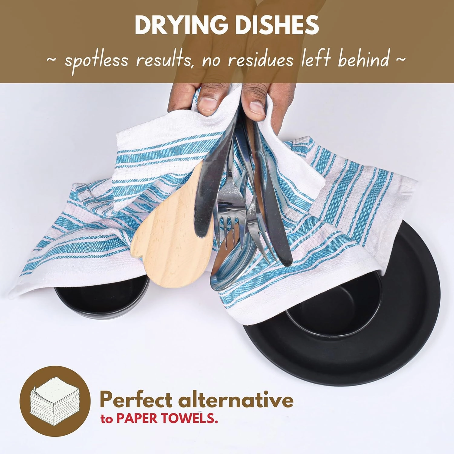 Native Fab Stripe Kitchen Towels - 100% Cotton - 12 Pack - 16"x26" - Striped Tea Towels, Dish Cloths for Drying Dishes, Absorbent, Quick Dry Towel Set with Hanging Loop - Turquiose Blue
