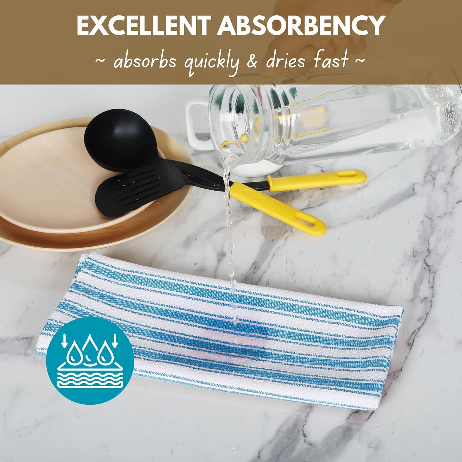 Native Fab Stripe Kitchen Towels - 100% Cotton - 12 Pack - 16"x26" - Striped Tea Towels, Dish Cloths for Drying Dishes, Absorbent, Quick Dry Towel Set with Hanging Loop - Turquiose Blue