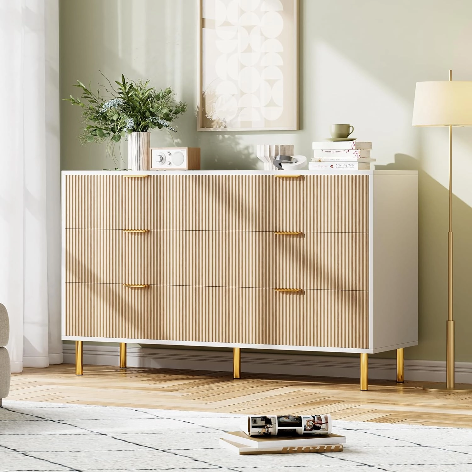 Natural Dresser, Modern 6 Drawer Dresser for Bedroom with Gold Handle and Large Drawer, Wood Double Chest of Drawers and Storage Organizer for Living Room, Hallway, Entryway