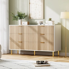 Natural Dresser, Modern 6 Drawer Dresser for Bedroom with Gold Handle and Large Drawer, Wood Double Chest of Drawers and Storage Organizer for Living Room, Hallway, Entryway