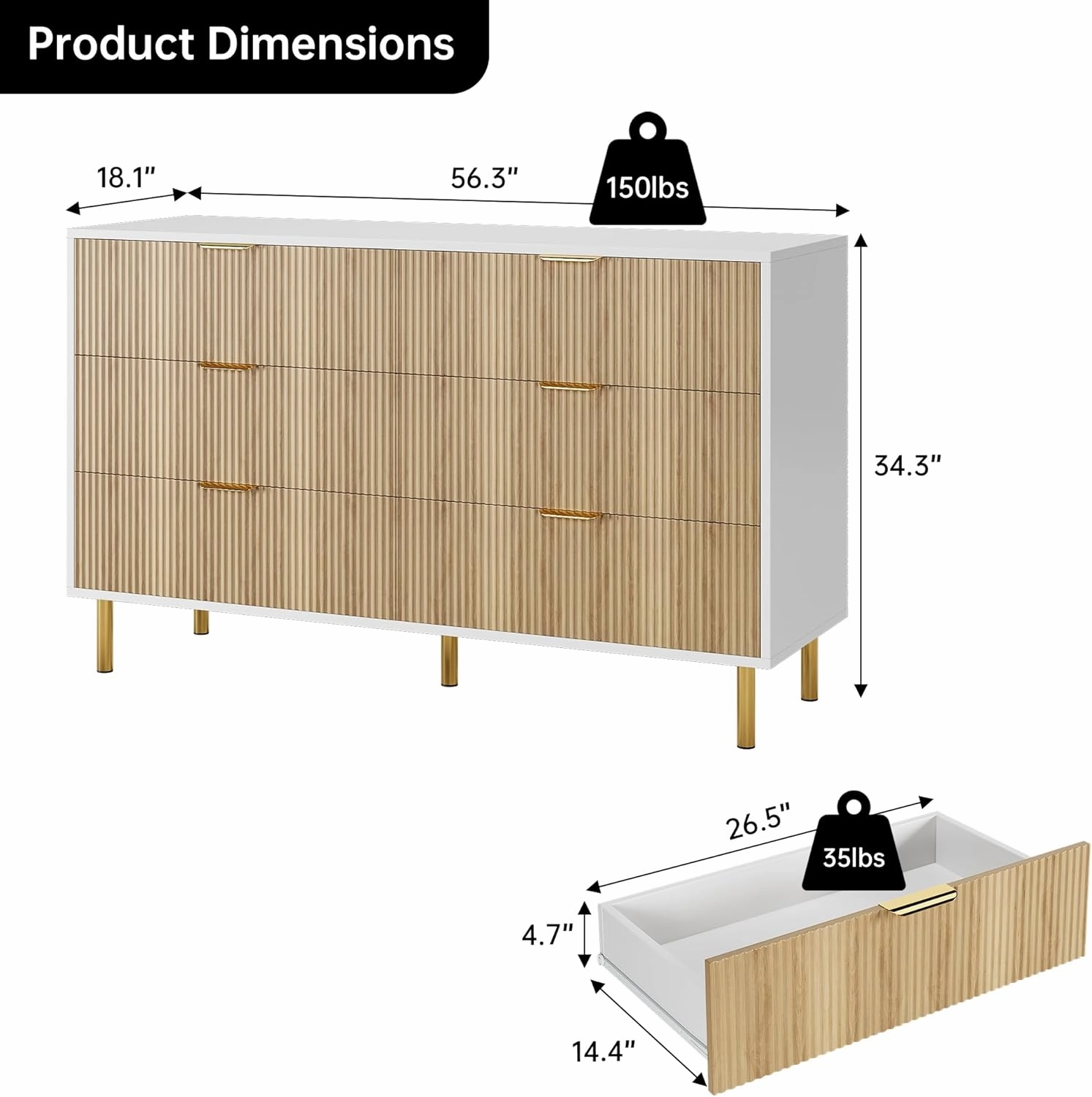 Natural Dresser, Modern 6 Drawer Dresser for Bedroom with Gold Handle and Large Drawer, Wood Double Chest of Drawers and Storage Organizer for Living Room, Hallway, Entryway