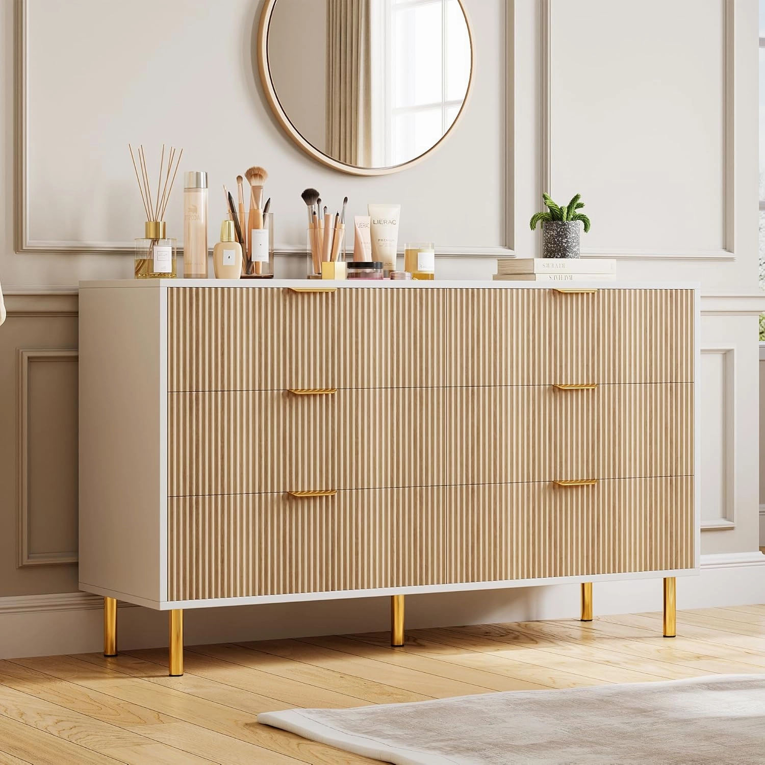 Natural Dresser, Modern 6 Drawer Dresser for Bedroom with Gold Handle and Large Drawer, Wood Double Chest of Drawers and Storage Organizer for Living Room, Hallway, Entryway