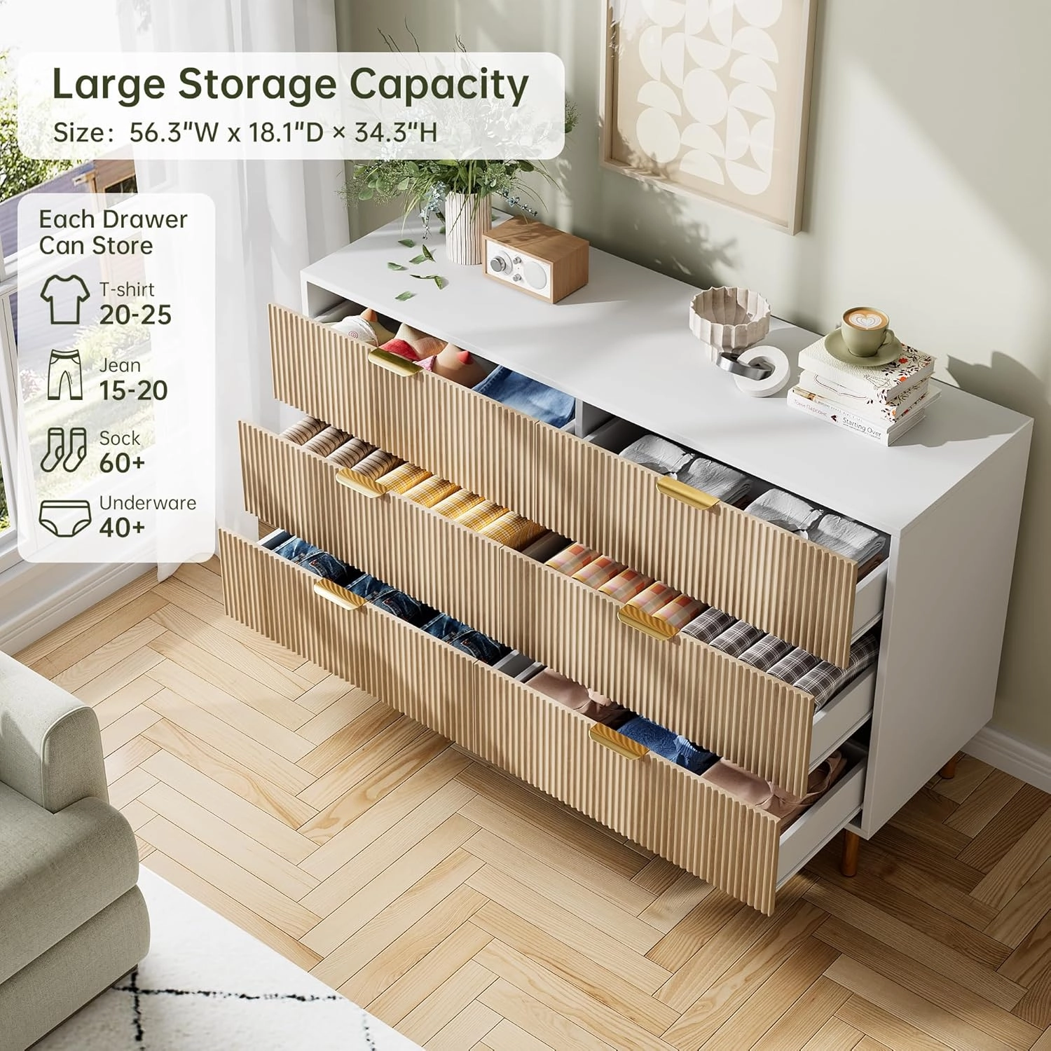 Natural Dresser, Modern 6 Drawer Dresser for Bedroom with Gold Handle and Large Drawer, Wood Double Chest of Drawers and Storage Organizer for Living Room, Hallway, Entryway