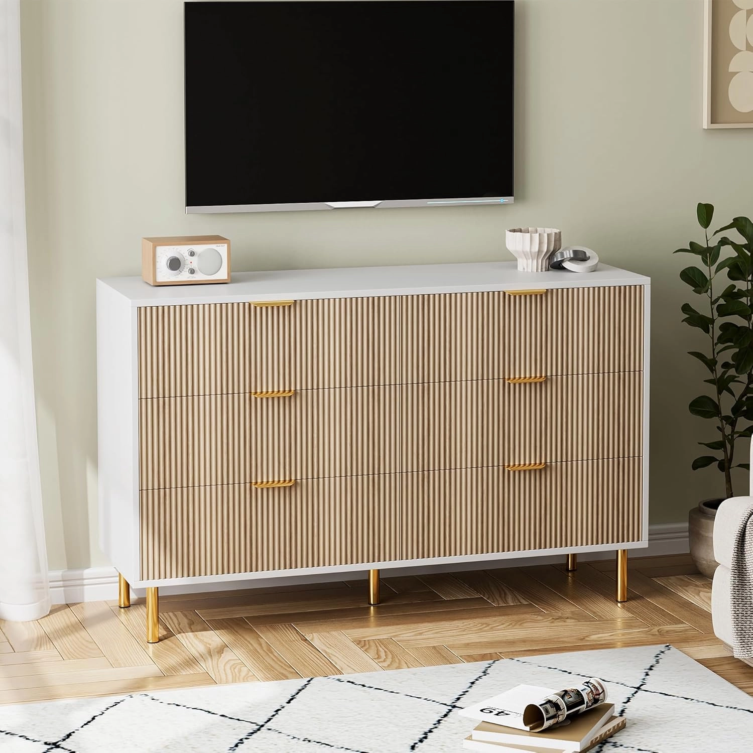 Natural Dresser, Modern 6 Drawer Dresser for Bedroom with Gold Handle and Large Drawer, Wood Double Chest of Drawers and Storage Organizer for Living Room, Hallway, Entryway