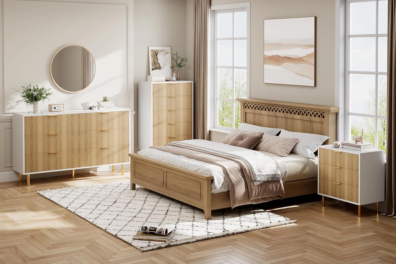 Natural Dresser, Modern 6 Drawer Dresser for Bedroom with Gold Handle and Large Drawer, Wood Double Chest of Drawers and Storage Organizer for Living Room, Hallway, Entryway