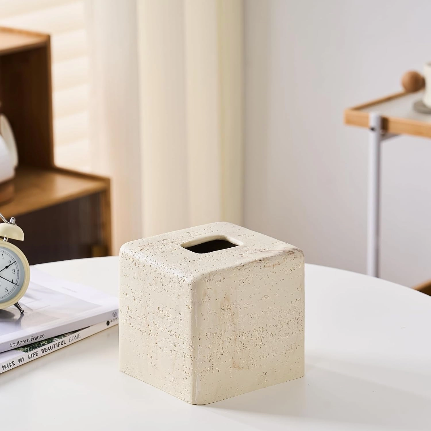 Natural Travertine Textures Tissue Box Cover Square for Home Decor,Resin Heavy Tissue Box Holder for Bathroom Countertop,Tabletop,Bedside Table,Office