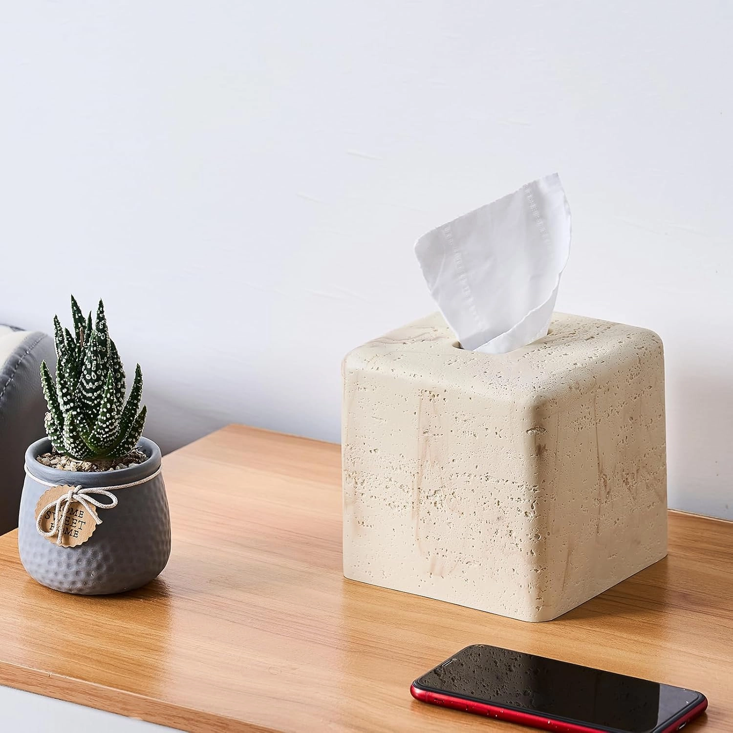 Natural Travertine Textures Tissue Box Cover Square for Home Decor,Resin Heavy Tissue Box Holder for Bathroom Countertop,Tabletop,Bedside Table,Office
