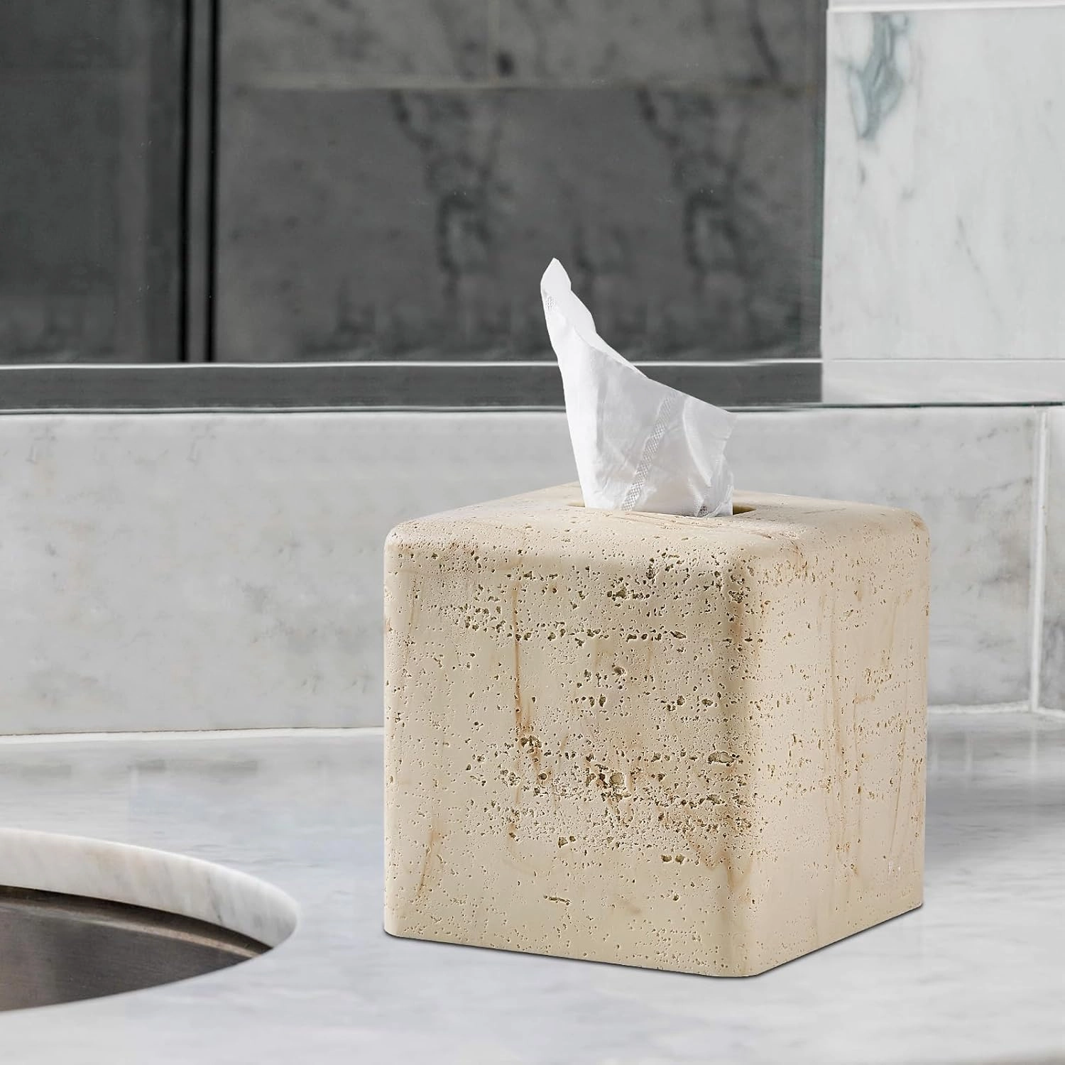 Natural Travertine Textures Tissue Box Cover Square for Home Decor,Resin Heavy Tissue Box Holder for Bathroom Countertop,Tabletop,Bedside Table,Office