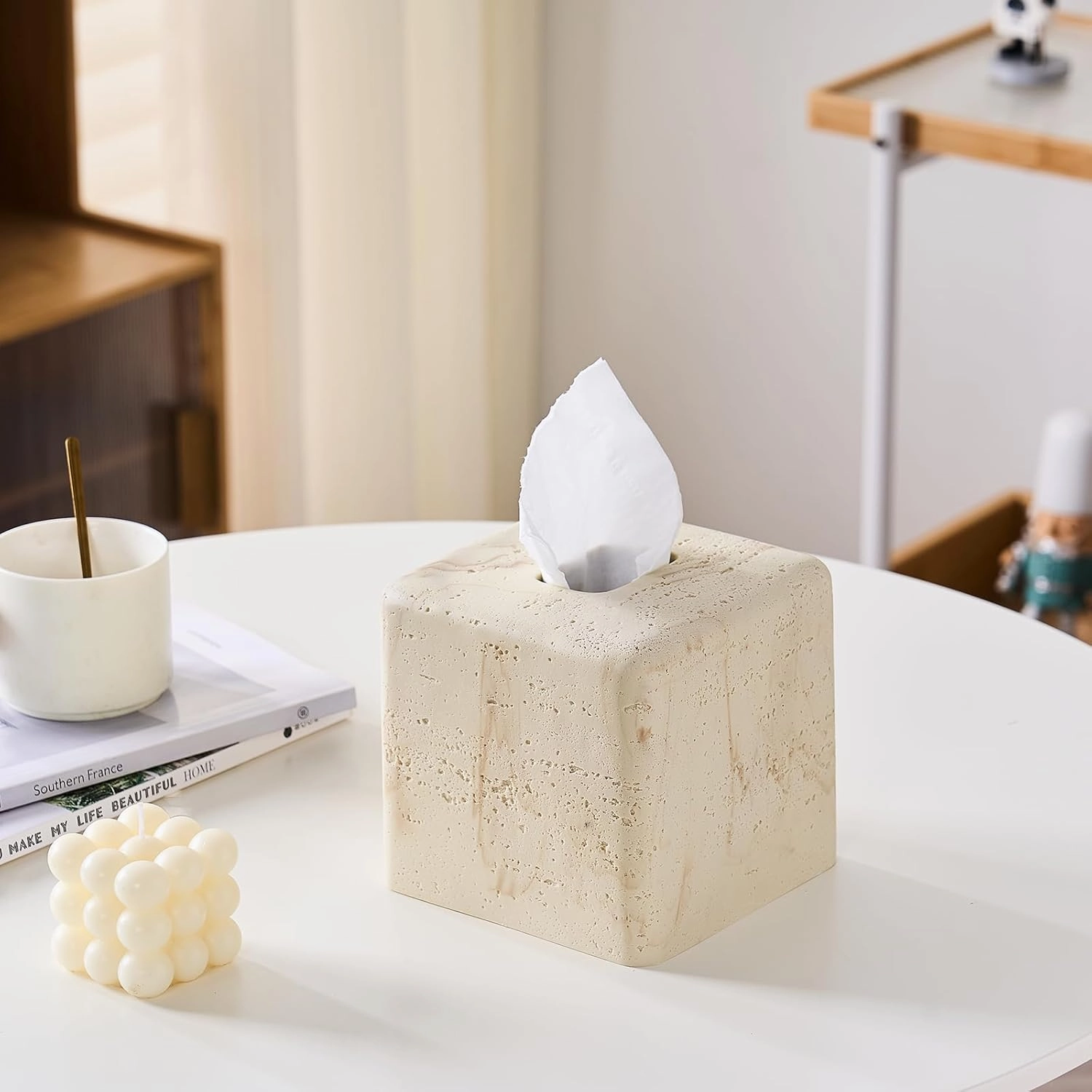 Natural Travertine Textures Tissue Box Cover Square for Home Decor,Resin Heavy Tissue Box Holder for Bathroom Countertop,Tabletop,Bedside Table,Office