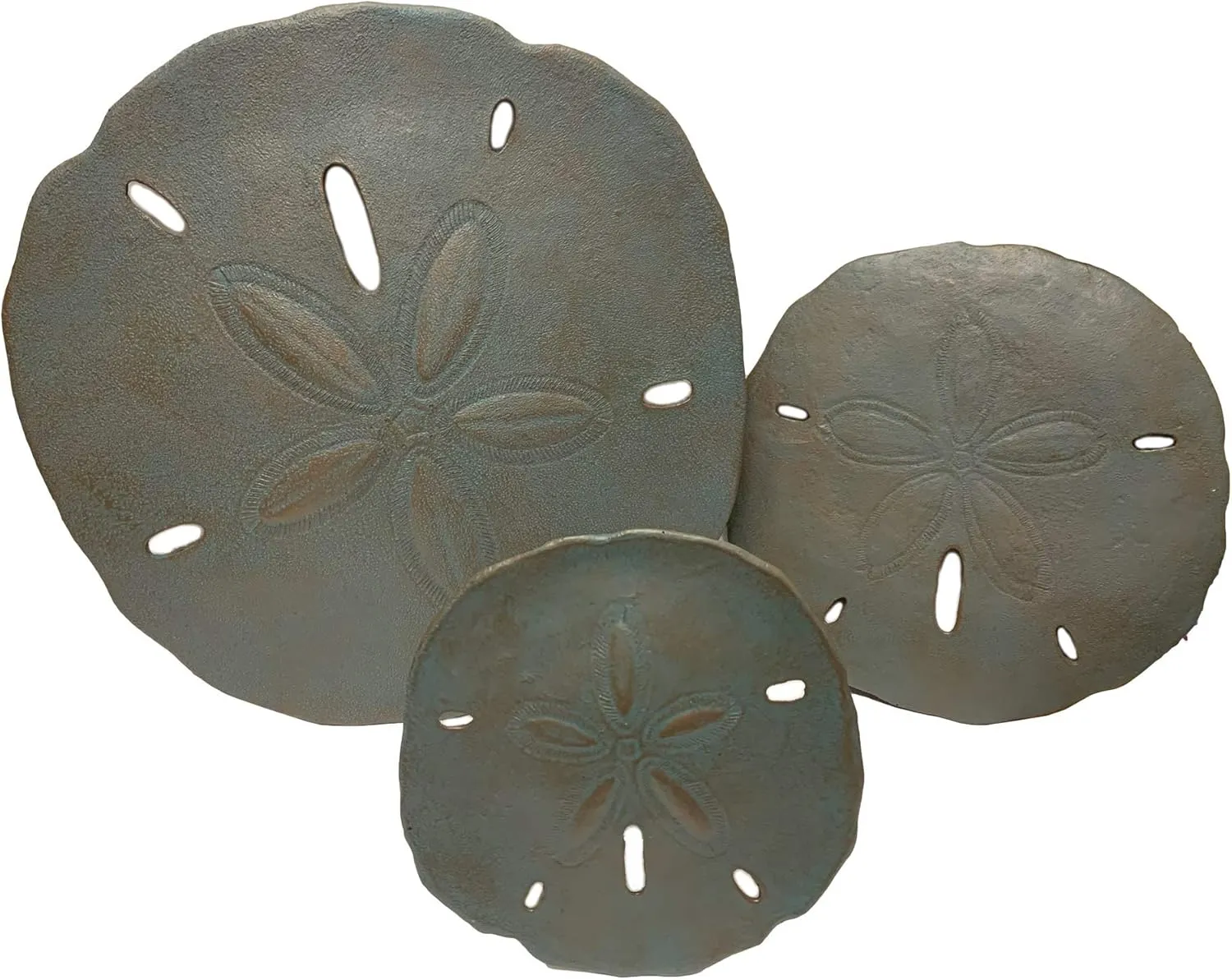 Nautical Tropical Imports Set of 3 Large Urchin Sand Dollar Wall Hanging Sculptures (Verdigris Bronze)