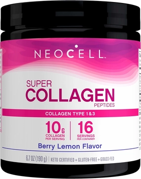 NeoCell Super Collagen Peptides, 10g Collagen Peptides per Serving, Gluten Free, Keto Friendly, Non-GMO, Grass Fed, Healthy Hair, Skin, Nails and Joints, Berry Lemon Powder, 6.7 oz., 1 Canister