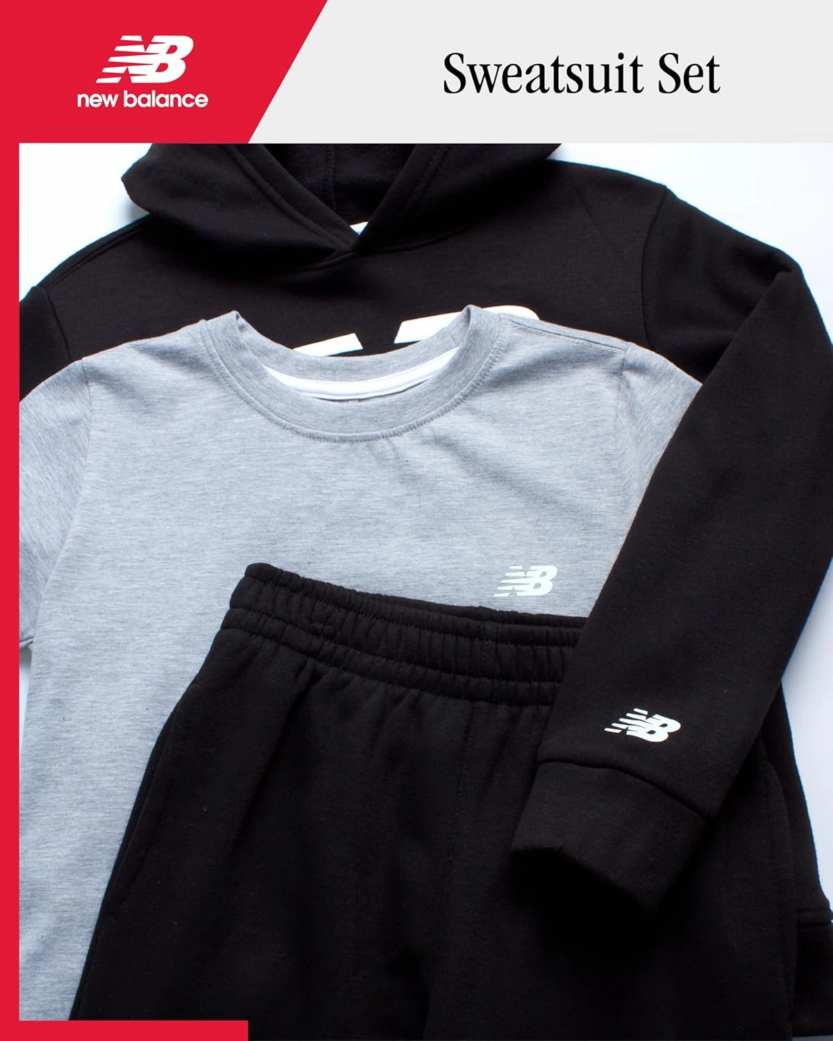 New Balance Boys' Sweatsuit Set - 3 Piece Short Sleeve T-Shirt, Fleece Hoodie Sweatshirt, and Sweatpants (2T-16)