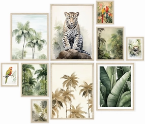 Nistio® Rainforest Wall Art, Tropical Birds Parrots Wall Posters, Leopard Wild Animals Wall Art, Palm Tree Prints, Modern Safari Wall Collage, Set of 10 (Unframed)