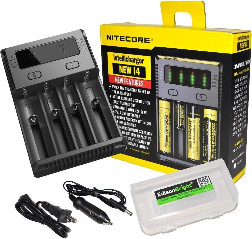NITECORE New i4 2016 universal smart battery Charger with Ac and 12V DC (Car) power cords with EdisonBright BBX3 battery carry case