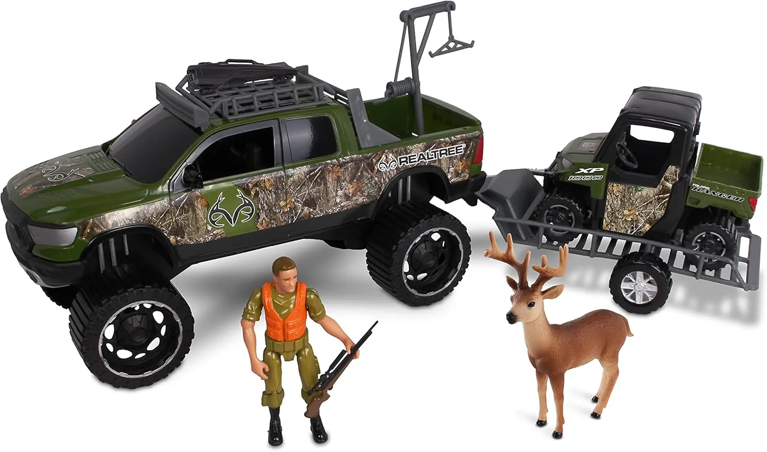 NKOK Realtree 1/18 Scale Free-Wheel Playsets 9-PC Set, RT Ram 1500 Rebel Polaris Ranger on Trailer & Accessories playset (Game Hoist, Roof Rack, Roll Bar, Buck, Hunter, Rifle, Rifle Case), Multi