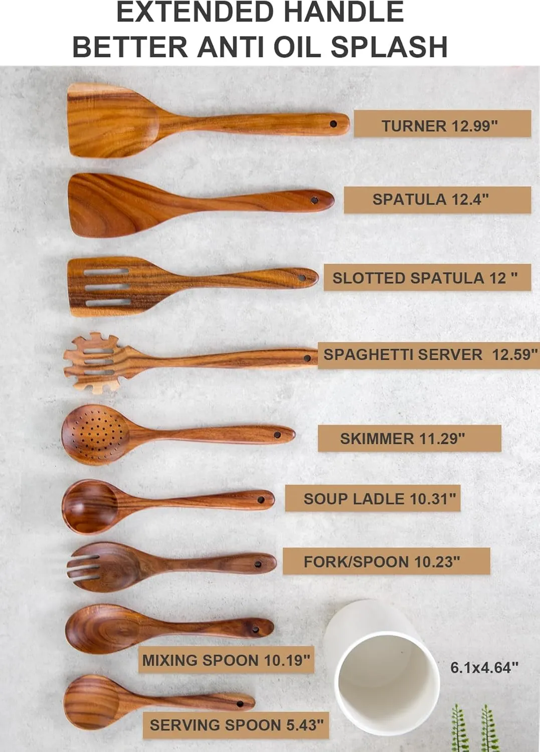 Nucookery Wooden Cooking Utensils Set with Holder, Nonstick Wooden Spoons for Cooking Spatula Set 10 Pcs, Teak Wood Kitchen Utensils Set, Ceramic Utensils Holder for Countertop, White