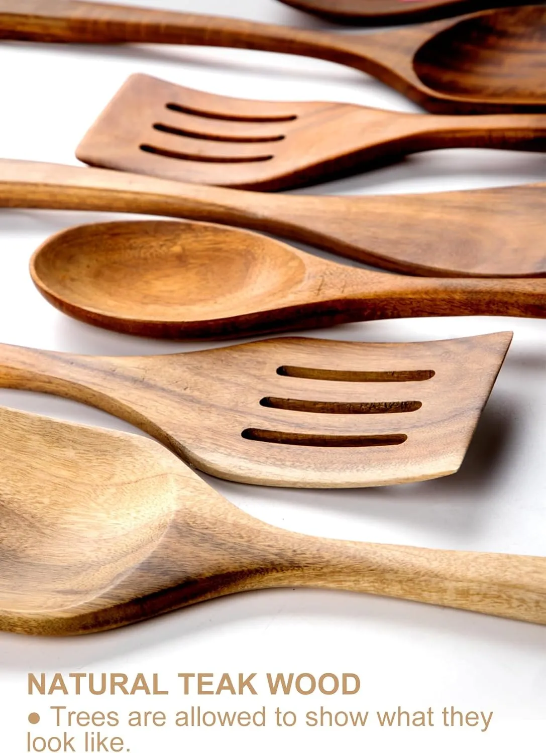 Nucookery Wooden Cooking Utensils Set with Holder, Nonstick Wooden Spoons for Cooking Spatula Set 10 Pcs, Teak Wood Kitchen Utensils Set, Ceramic Utensils Holder for Countertop, White