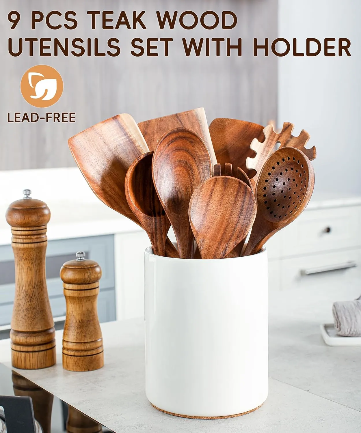 Nucookery Wooden Cooking Utensils Set with Holder, Nonstick Wooden Spoons for Cooking Spatula Set 10 Pcs, Teak Wood Kitchen Utensils Set, Ceramic Utensils Holder for Countertop, White