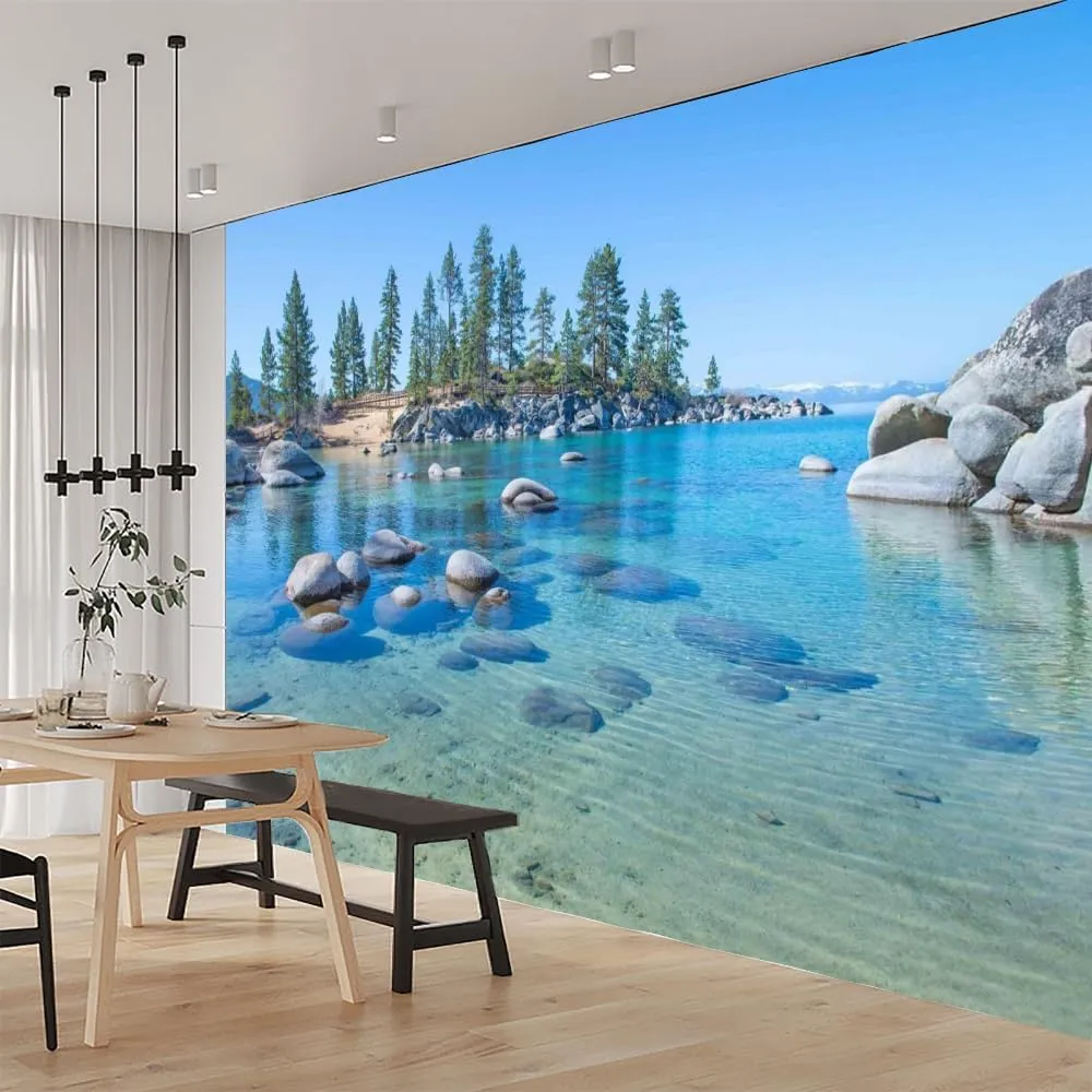Ocean Scenery 3D Removable Wallpaper Self-Adhesive, Alpine Rocks Wall Murals Peel and Stick Wall Stickers, for TV Sofa Background Living Room Bedroom Home Decor,116" W x91 H
