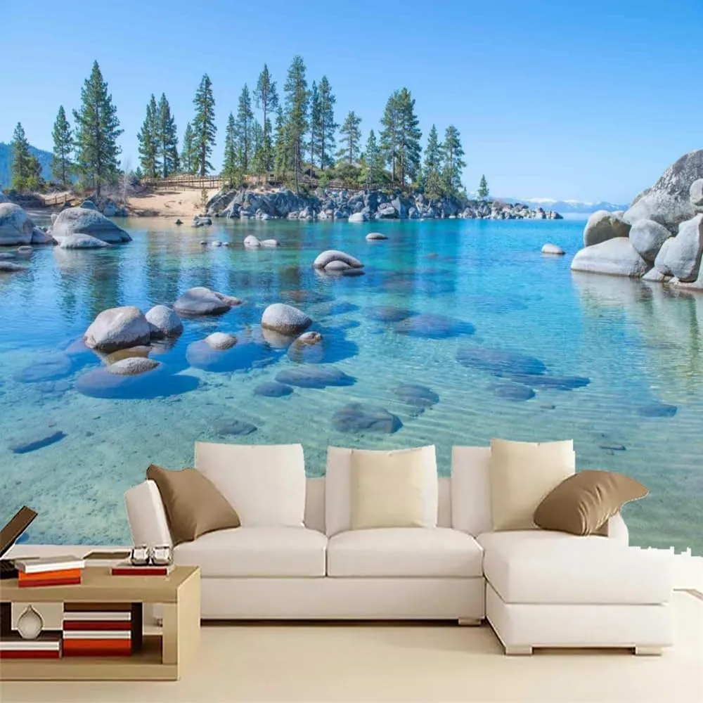 Ocean Scenery 3D Removable Wallpaper Self-Adhesive, Alpine Rocks Wall Murals Peel and Stick Wall Stickers, for TV Sofa Background Living Room Bedroom Home Decor,116" W x91 H