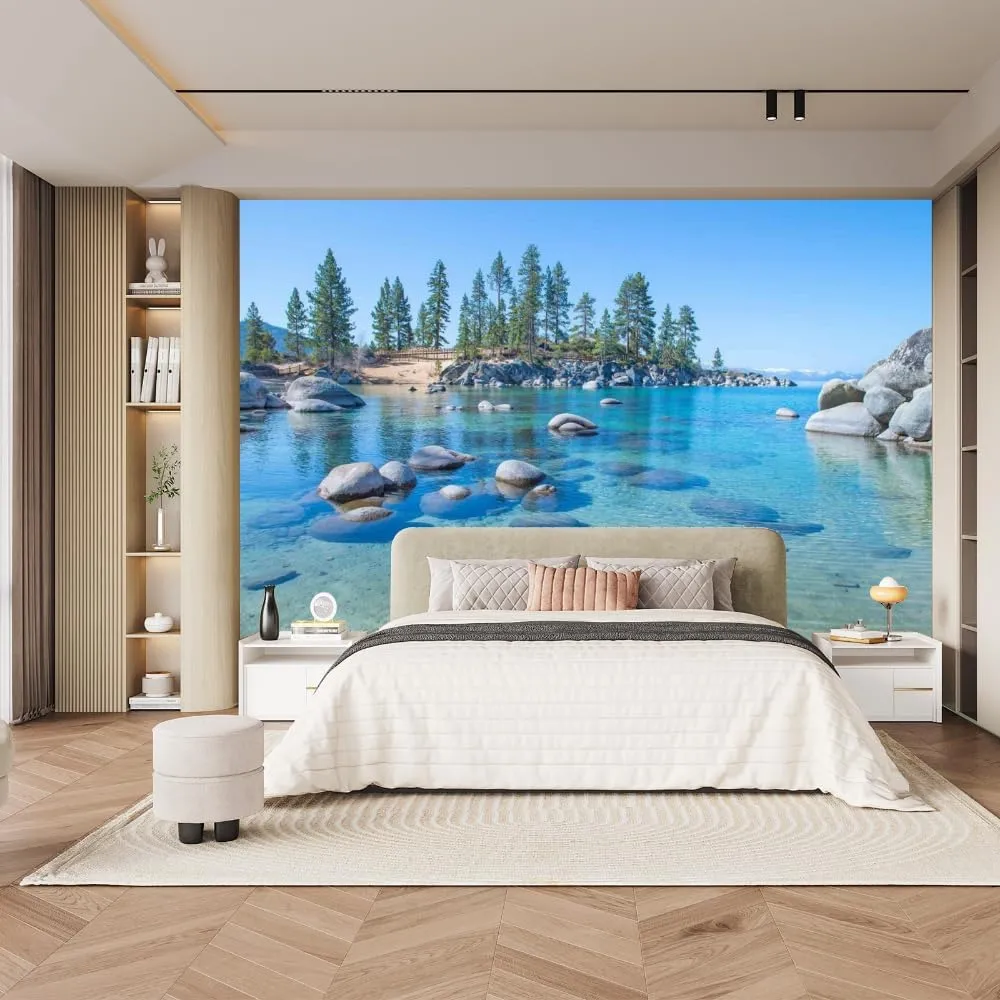Ocean Scenery 3D Removable Wallpaper Self-Adhesive, Alpine Rocks Wall Murals Peel and Stick Wall Stickers, for TV Sofa Background Living Room Bedroom Home Decor,116" W x91 H