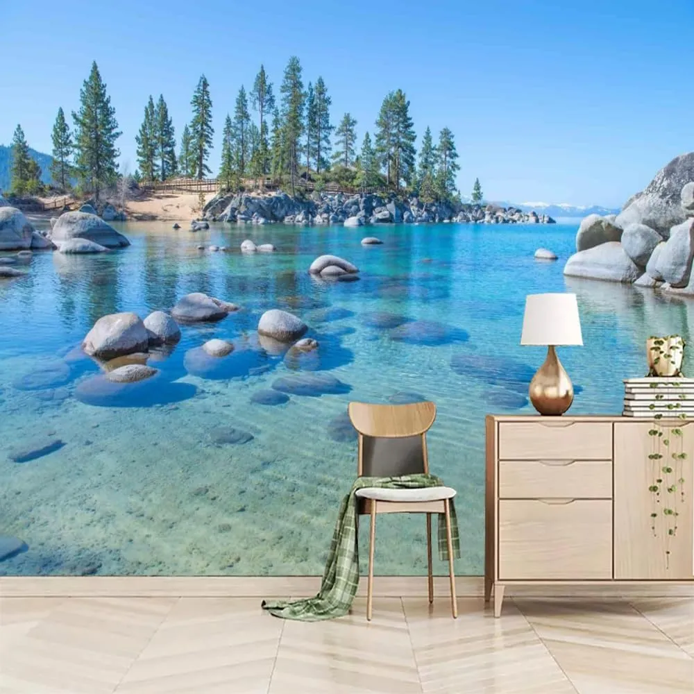 Ocean Scenery 3D Removable Wallpaper Self-Adhesive, Alpine Rocks Wall Murals Peel and Stick Wall Stickers, for TV Sofa Background Living Room Bedroom Home Decor,116" W x91 H
