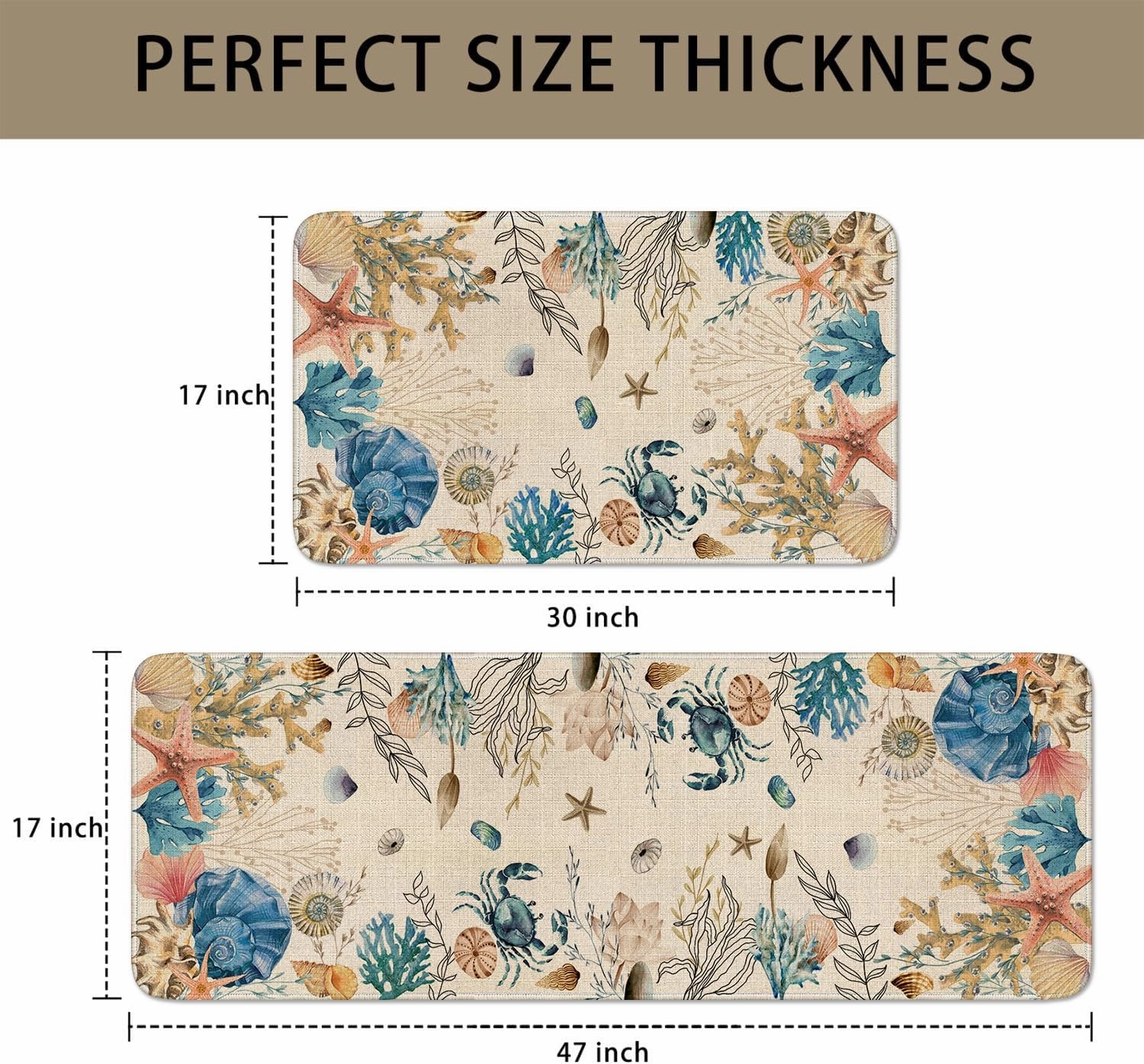 Ocean Kitchen Rugs Set of 2, Nautical Kitchen Mats for Floor, Coastal Coral Kitchen Sink Mat Kitchen Decor Doormat Runner Rug