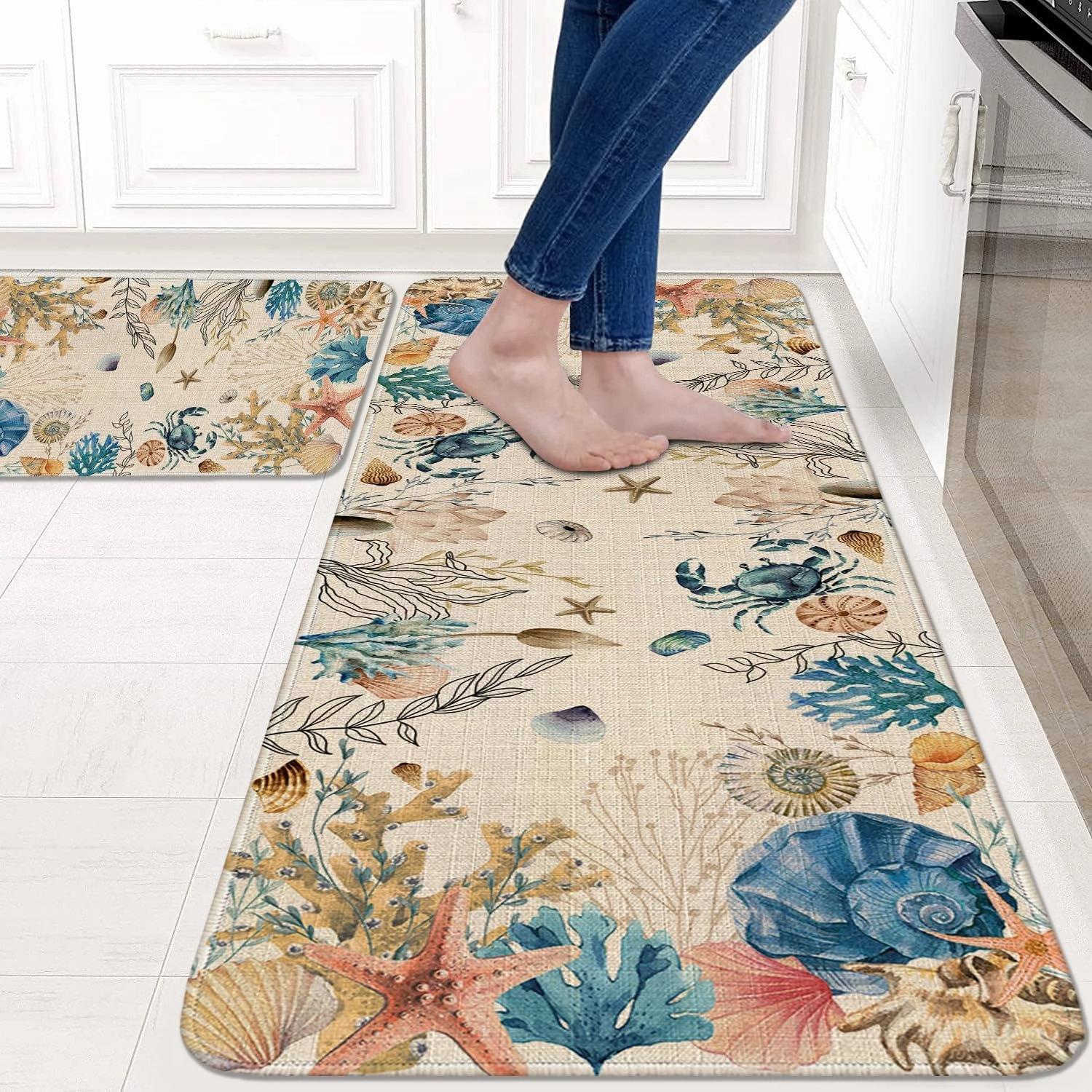 Ocean Kitchen Rugs Set of 2, Nautical Kitchen Mats for Floor, Coastal Coral Kitchen Sink Mat Kitchen Decor Doormat Runner Rug