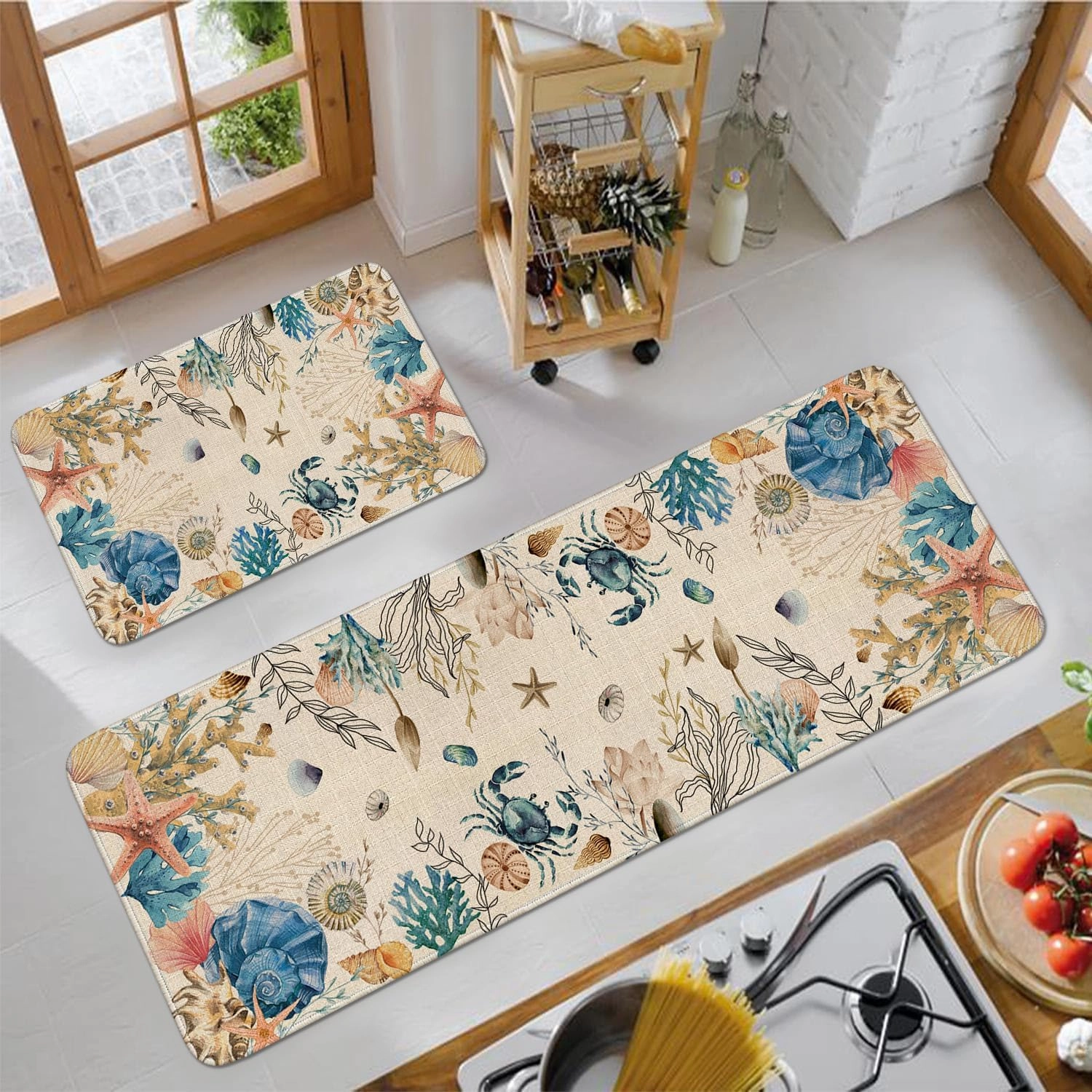 Ocean Kitchen Rugs Set of 2, Nautical Kitchen Mats for Floor, Coastal Coral Kitchen Sink Mat Kitchen Decor Doormat Runner Rug