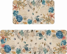Ocean Kitchen Rugs Set of 2, Nautical Kitchen Mats for Floor, Coastal Coral Kitchen Sink Mat Kitchen Decor Doormat Runner Rug