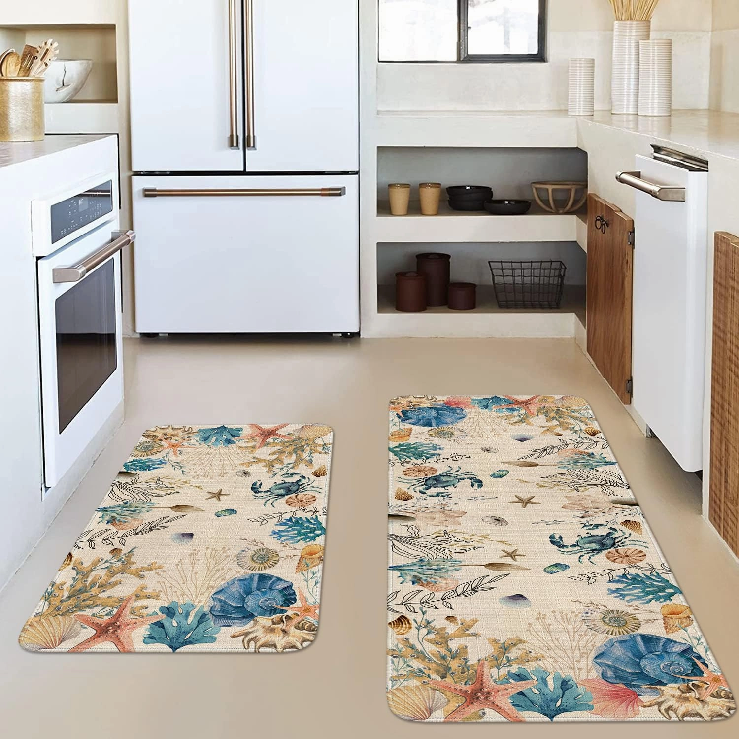 Ocean Kitchen Rugs Set of 2, Nautical Kitchen Mats for Floor, Coastal Coral Kitchen Sink Mat Kitchen Decor Doormat Runner Rug