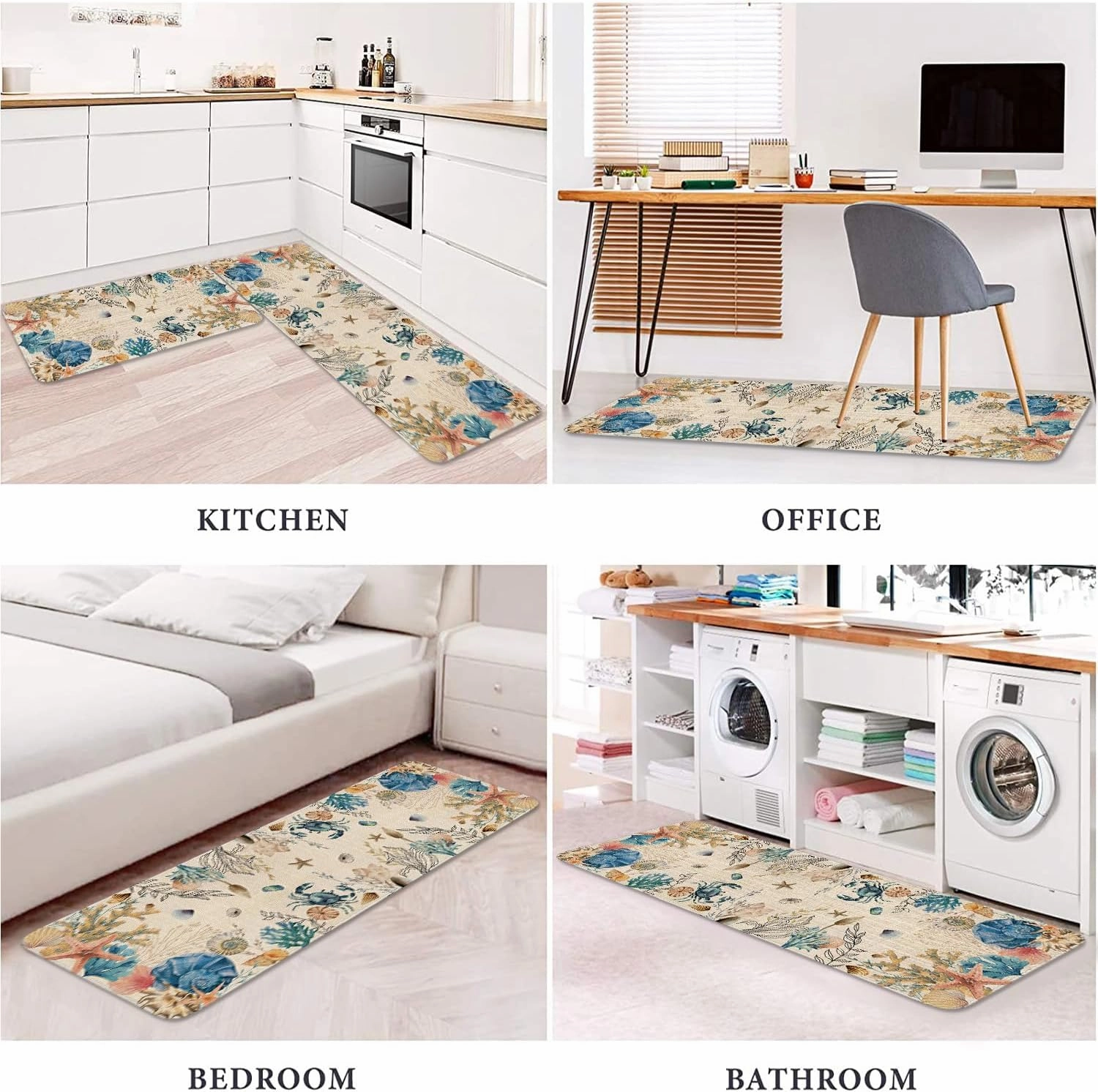 Ocean Kitchen Rugs Set of 2, Nautical Kitchen Mats for Floor, Coastal Coral Kitchen Sink Mat Kitchen Decor Doormat Runner Rug